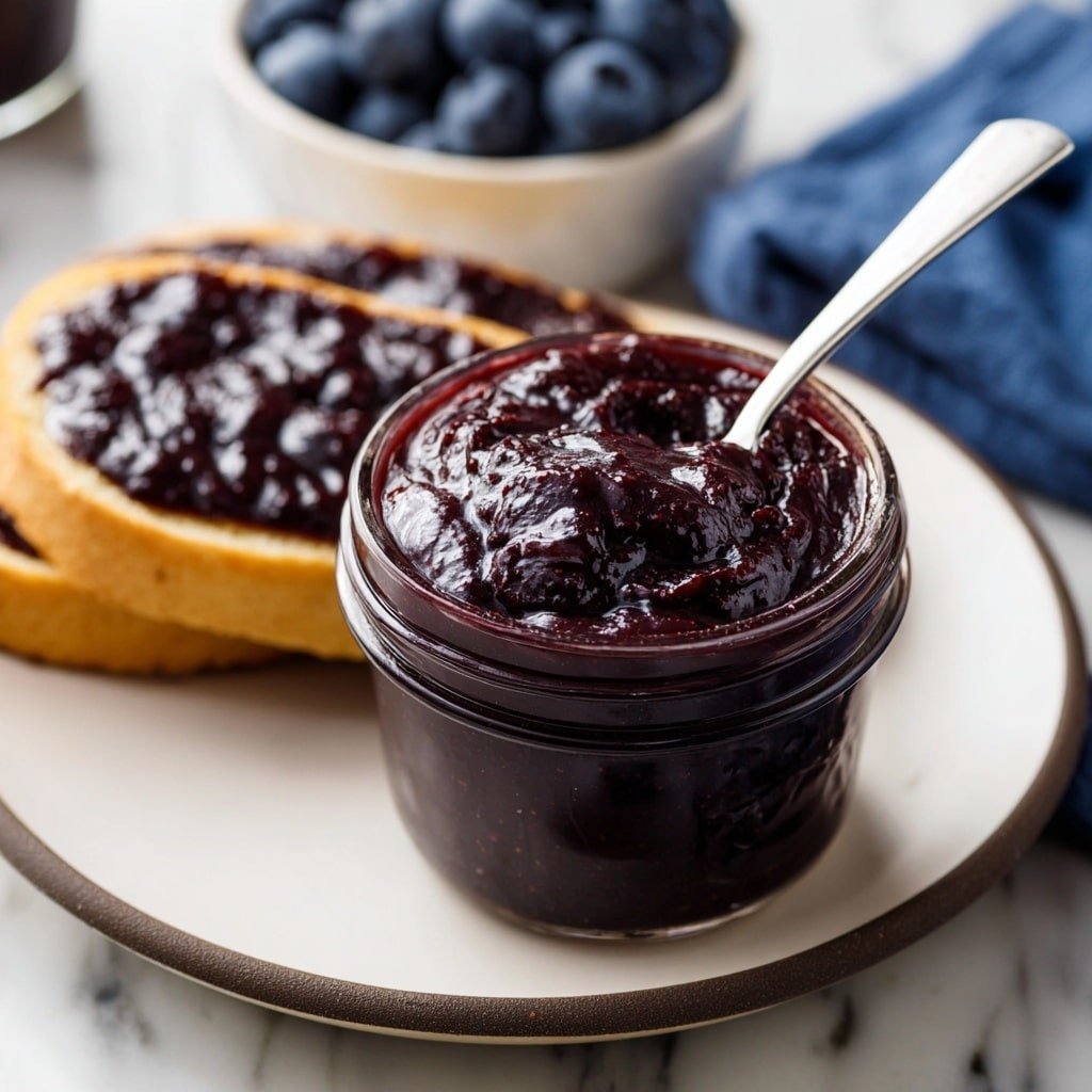 A close-up view of a glass jar filled with thick, dark purple jam, with a silver spoon dipped into it. Behind the jar, there are two pieces of toasted bread spread with a glossy layer of the same jam. The jar and bread are placed on a white plate with a thin dark rim, all set against a white marbled surface. In the background, a blurred bowl of fresh blueberries adds a hint of blue, while a blue cloth napkin partially rests to the right. The texture of the jam looks smooth and shiny, covering the toasted bread evenly. Photo taken with an iphone --ar 1:1 --v 7 — Blueberry Butter in Slow Cooker, homemade blueberry fruit butter, slow cooker berry spread, easy blueberry butter recipe, cozy blueberry breakfast spread