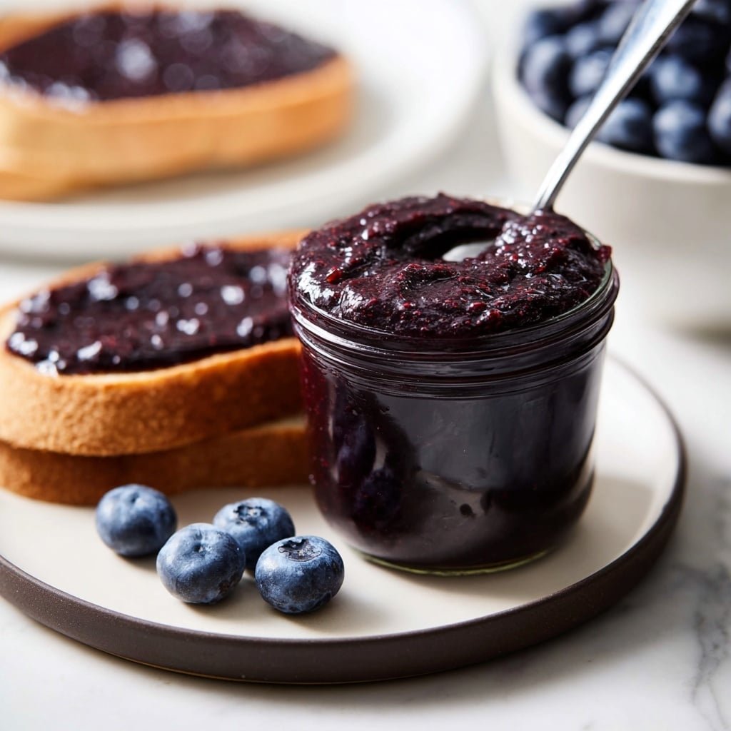 The image shows two slices of toasted bread with a thick, dark purple jam spread evenly on top. Next to the toast is a clear glass jar filled with the same dark purple jam, with a spoon dipped inside, lifting some jam. In the background, there is a white bowl filled with fresh blueberries. All items are placed on a white plate, set on a white marbled surface. photo taken with an iphone --ar 1:1 --v 7 — Blueberry Butter in Slow Cooker, homemade blueberry fruit butter, slow cooker berry spread, easy blueberry butter recipe, cozy blueberry breakfast spread