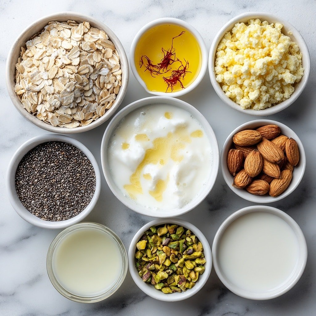 Flat lay of a small mound of rolled oats, a small white bowl of creamy milk, a small white bowl of tiny black chia seeds, a small white bowl of golden honey, a delicate pinch of bright orange saffron strands on a white ceramic plate, a small white bowl of finely ground pale green cardamom powder, a small white bowl of chopped green pistachios, a small white bowl of chopped light brown almonds, a small white bowl of clear rose water, a small white bowl of pale vanilla extract, all arranged symmetrically in perfect proportions, placed on a clean white marble surface, soft natural light, photo taken with an iPhone, professional food photography style, fresh ingredients, white ceramic bowls, no bottles, no duplicates, no utensils, no packaging --ar 1:1 --v 7 --p m7354639359234015250 — Kulfi-Style Overnight Oats, Indian-inspired overnight oats, fragrant morning oats, easy kulfi-flavored breakfast, quick overnight oats recipe