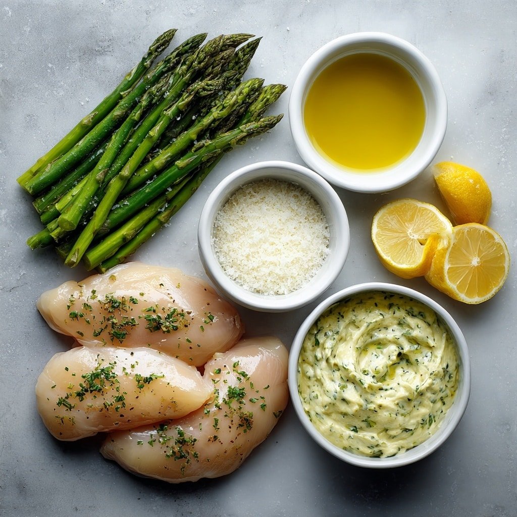 Flat lay of four boneless, skinless chicken breasts, a small white bowl of golden olive oil, a small white bowl filled with creamy Caesar dressing, a small white bowl of finely grated Parmesan cheese, a neat bundle of fresh green asparagus spears, a small white bowl containing pale garlic powder, a few fresh lemon wedges arranged neatly, all placed on a clean white marble surface, soft natural light, photo taken with an iPhone, professional food photography style, fresh ingredients, white ceramic bowls, no bottles, no duplicates, no utensils, no packaging --ar 1:1 --v 7 --p m7354639359234015250 — Creamy Caesar Chicken and Asparagus, delicious chicken and asparagus dinner, easy creamy chicken recipe, healthy weeknight meal, zesty Caesar chicken