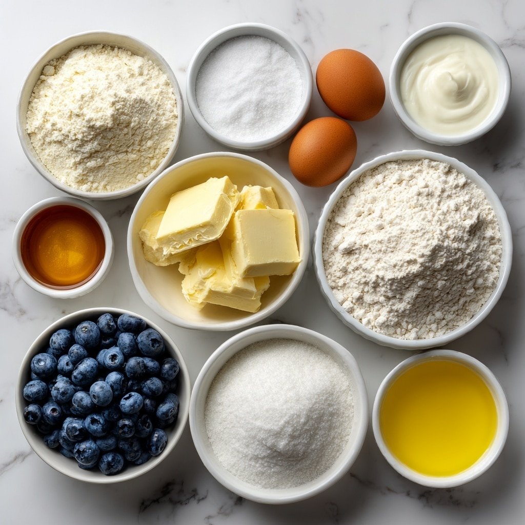 Flat lay of two cups of all-purpose flour in a small white ceramic bowl, two tablespoons of white sugar in another small white ceramic bowl, a small white ceramic bowl with baking powder, a small white ceramic bowl with baking soda, a small white ceramic bowl with salt, two cups of fresh buttermilk in a small white ceramic bowl, two whole brown eggs with clean shells, a small white ceramic bowl with melted golden butter, a small white ceramic bowl with clear vanilla extract, a small white ceramic bowl filled with fresh plump blueberries, all arranged symmetrically and balanced, placed on a clean white marble surface, soft natural light, photo taken with an iPhone, professional food photography style, fresh ingredients, white ceramic bowls, no bottles, no duplicates, no utensils, no packaging --ar 1:1 --v 7 --p m7354639359234015250 — Blueberry Buttermilk Pancake Casserole, blueberry pancake bake, brunch pancake casserole, easy pancake casserole recipe, breakfast casserole with blueberries