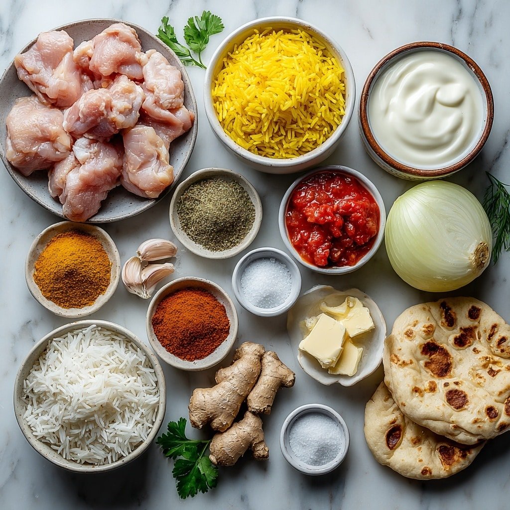 Flat lay of boneless skinless chicken thighs cut into bite-size pieces, a small bowl of plain Greek yogurt, six whole garlic cloves, a small pile of fresh ginger root with some peeled and minced pieces, a small heap of garam masala powder, small piles of salt, ground turmeric, ground cumin, and ancho chili powder, half a cup of unsalted butter in two white ceramic pats, one large yellow onion peeled and diced, a small white bowl with canned diced tomatoes, a small white bowl with heavy cream, a small white bowl with granulated sugar, a few sprigs of fresh cilantro, a small mound of cooked white rice, and a piece of fresh naan bread, all arranged symmetrically on simple white ceramic dishes placed on a clean white marble surface, soft natural light, photo taken with an iPhone, professional food photography style, fresh ingredients, white ceramic bowls, no bottles, no duplicates, no utensils, no packaging --ar 1:1 --v 7 --p m7354639359234015250 — Creamy Butter Chicken, easy butter chicken recipe, homemade butter chicken, rich butter chicken sauce, Indian buttery chicken dish