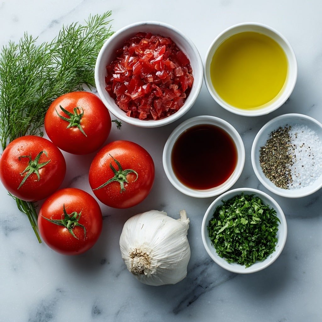 Flat lay of ripe red tomatoes whole and halved, small white bowl of extra virgin olive oil, small white bowl of red grape vinegar, small white bowl of finely chopped red onion, whole garlic clove unpeeled, small white bowl of chopped fresh basil, small white bowl of finely chopped fresh parsley, small white bowl of finely chopped fresh dill, small white bowl of salt, small white bowl of freshly ground black pepper, placed on a clean white marble surface, soft natural light, photo taken with an iPhone, professional food photography style, fresh ingredients, white ceramic bowls, no bottles, no duplicates, no utensils, no packaging --ar 1:1 --v 7 --p m7354639359234015250 — Marinated Tomato Salad with Fresh Herbs, fresh tomato salad, summer tomato salad, easy herb tomato recipe, healthy marinated tomato dish