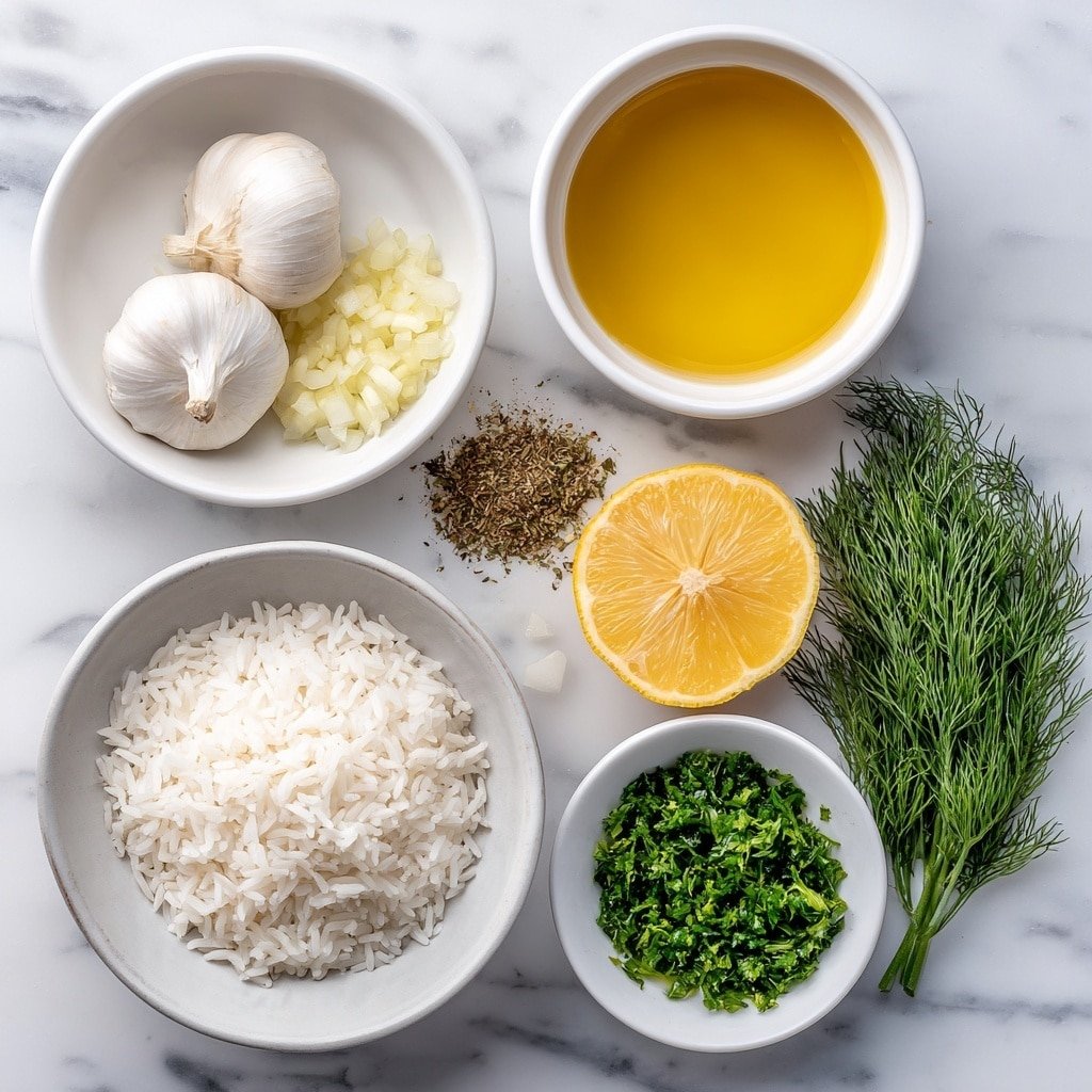 Flat lay of a small mound of long-grain white rice, two whole garlic cloves with smooth white skins, one small peeled yellow onion finely diced in a neat pile, a small white bowl with golden olive oil, a small white bowl filled with clear chicken broth, a small heap of dried oregano leaves, a halved bright yellow lemon with one half showing fresh zest shavings around it, a small white bowl with chopped fresh green parsley, and a small pile of fresh green dill sprigs, all arranged symmetrically on a clean white ceramic surface, placed on a clean white marble surface, soft natural light, photo taken with an iPhone, professional food photography style, fresh ingredients, white ceramic bowls, no bottles, no duplicates, no utensils, no packaging --ar 1:1 --v 7 --p m7354639359234015250 — Greek Lemon Rice, Greek Lemon Rice Recipe, Mediterranean rice side dish, easy lemon rice, flavorful rice with lemon