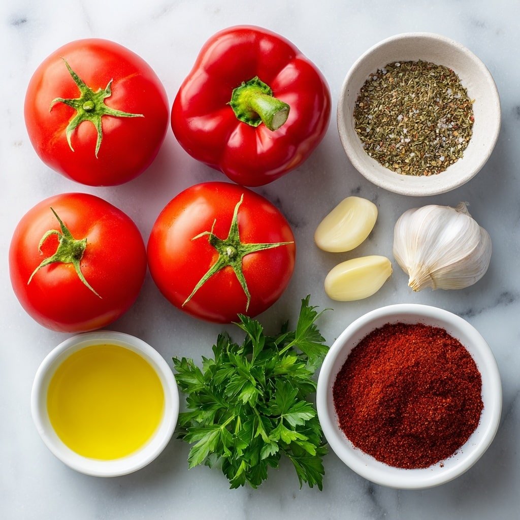 Flat lay of a group of shiny campari tomatoes with vibrant deep red skins, one large crisp red bell pepper with glossy surface, four whole peeled garlic cloves scattered evenly, a small white ceramic bowl filled with bright red smoked paprika powder, another small white bowl containing deep burgundy sumac powder, a small white bowl holding golden olive oil, a small white bowl with coarse salt and cracked black pepper mixed, and a small handful of fresh green parsley sprigs, all arranged with perfect symmetry on a clean white marble surface, soft natural light, photo taken with an iPhone, professional food photography style, fresh ingredients, white ceramic bowls, no bottles, no duplicates, no utensils, no packaging --ar 1:1 --v 7 --p m7354639359234015250 — Lebanese Tomato Salad without recipe, Lebanese tomato salad with sumac and smoked paprika, Mediterranean tomato salad, easy Lebanese salad, healthy tomato salad