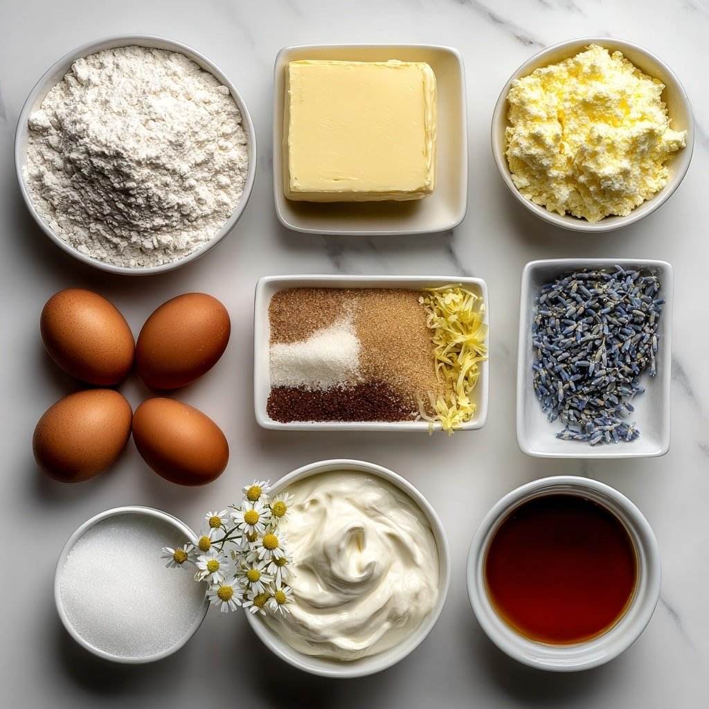Flat lay of a small mound of all-purpose flour, a pinch of kosher salt next to a tiny heap of baking soda, a square slab of softened unsalted butter, two whole brown eggs with clean shells, a small pile of granulated sugar, a smaller pile of packed light brown sugar, a few thin strips of grated lemon zest, a small white bowl of sour cream, a small white bowl of whole milk, a small white bowl with a rich golden vanilla extract, a small white bowl filled with culinary lavender buds, a small white bowl of powdered sugar, a few delicate edible flowers, and extra lemon zest strips for garnish, all arranged in perfect symmetry on simple white ceramic containers, placed on a clean white marble surface, soft natural light, photo taken with an iPhone, professional food photography style, fresh ingredients, white ceramic bowls, no bottles, no duplicates, no utensils, no packaging --ar 1:1 --v 7 --p m7354639359234015250 — Lemon Mini Cakes with Lavender Glaze, lemon mini cake recipe, floral Lemon Cakes, Spring-inspired mini cakes, easy Lemon Cake with lavender glaze