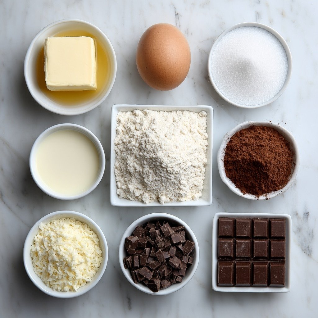 Flat lay of a small mound of all-purpose flour, a square of soft unsalted butter, a small white bowl of granulated sugar, a small white bowl of vanilla extract, one large whole brown egg with a clean shell, a small white bowl of unsweetened cocoa powder, a small white bowl of finely chopped white chocolate, a small white bowl of heavy cream, a small white bowl of smooth cherry jam, and a small white bowl of finely chopped dark chocolate arranged with perfect symmetry on a clean white marble surface, soft natural light, photo taken with an iPhone, professional food photography style, fresh ingredients, white ceramic bowls, no bottles, no duplicates, no utensils, no packaging --ar 1:1 --v 7 --p m7354639359234015250 — Black Forest Cherry Cookies, chocolate cherry cookies, easy cherry cookie recipes, buttery cherry-filled cookies, homemade Black Forest treats