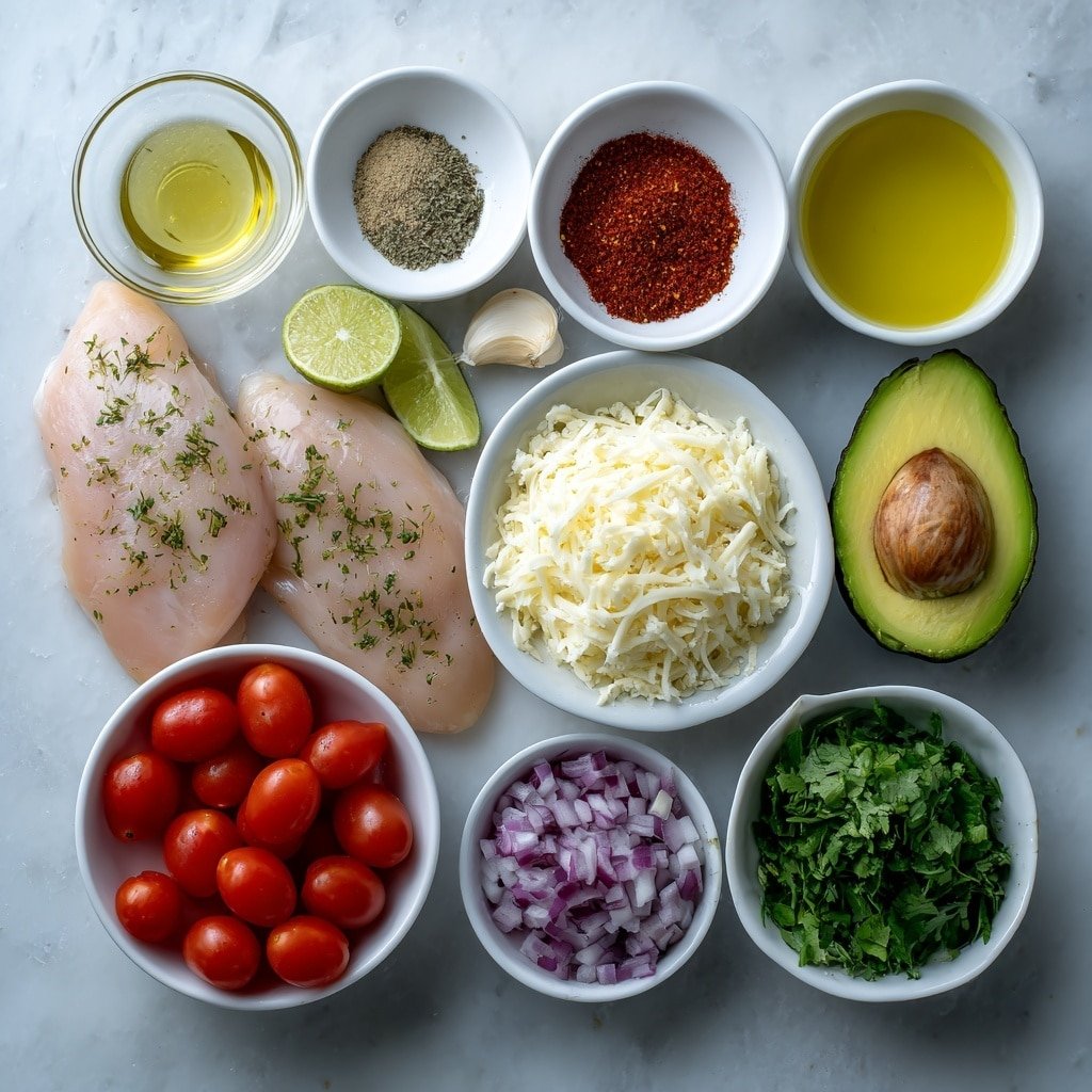 Flat lay of boneless skinless chicken breasts, a small white bowl of olive oil, a small white bowl of fresh lime juice, two whole garlic cloves, a small white bowl with paprika powder, a small white bowl with ground cumin, a small white bowl with salt, a small white bowl with black pepper, two halved California avocados with bright green flesh, a small white bowl of halved cherry tomatoes, a small white bowl of shredded mozzarella cheese, a small white bowl of chopped cilantro, a small white bowl of diced red onion placed on a clean white marble surface, soft natural light, photo taken with an iPhone, professional food photography style, fresh ingredients, white ceramic bowls, no bottles, no duplicates, no utensils, no packaging --ar 1:1 --v 7 --p m7354639359234015250 — Grilled Chicken with California Avocado, grilled chicken with avocado, summer grilled chicken recipe, easy avocado chicken, flavorful grilled chicken