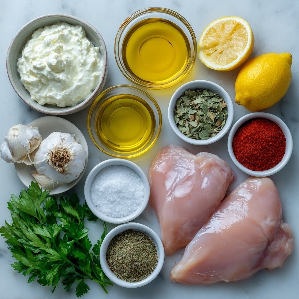 Flat lay of fresh raw chicken cutlets, a small white ceramic bowl of thick creamy plain full-fat Greek yogurt, a small white ceramic bowl of golden olive oil, a small white ceramic bowl of amber honey, one whole lemon cut in half showing bright yellow flesh, a few bright garlic cloves peeled, a small bunch of fresh green parsley sprigs, a small white ceramic bowl with coarse salt, a small white ceramic bowl with black peppercorns, a small white ceramic bowl containing vibrant red paprika powder, a small white ceramic bowl with off-white onion powder, a small white ceramic bowl with dried oregano leaves, a small white ceramic bowl with dried basil leaves, a small white ceramic bowl with vibrant red cayenne pepper, a small white ceramic bowl with ground coriander, a small white ceramic bowl with ground cumin, all ingredients fresh and natural arranged symmetrically placed on a clean white marble surface, soft natural light, photo taken with an iPhone, professional food photography style, fresh ingredients, white ceramic bowls, no bottles, no duplicates, no utensils, no packaging --ar 1:1 --v 7 --p m7354639359234015250 — Yogurt Marinated Chicken, flavorful chicken marinade, healthy chicken dinner, baking chicken with yogurt, easy chicken marinade