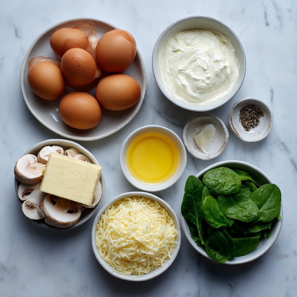 Flat lay of a small pile of fresh whole brown eggs with clean shells, a handful of fresh green spinach leaves, several sliced white mushrooms arranged neatly, a small white bowl filled with cream, a small white bowl containing golden melted butter, a single fresh garlic clove, a small white bowl with shredded pale yellow cheese, and tiny white ceramic bowls with coarse salt and black pepper placed symmetrically, all on a simple white ceramic plate and bowls arranged with perfect balance and proportion, placed on a clean white marble surface, soft natural light, photo taken with an iPhone, professional food photography style, fresh ingredients, white ceramic bowls, no bottles, no duplicates, no utensils, no packaging --ar 1:1 --v 7 --p m7354639359234015250 — Quick Mushroom Spinach Scrambled Eggs, Mushroom Spinach Egg Breakfast, Healthy Scrambled Eggs with Mushrooms and Spinach, Easy Mushroom and Spinach Egg Recipe, Quick Breakfast Ideas with Eggs