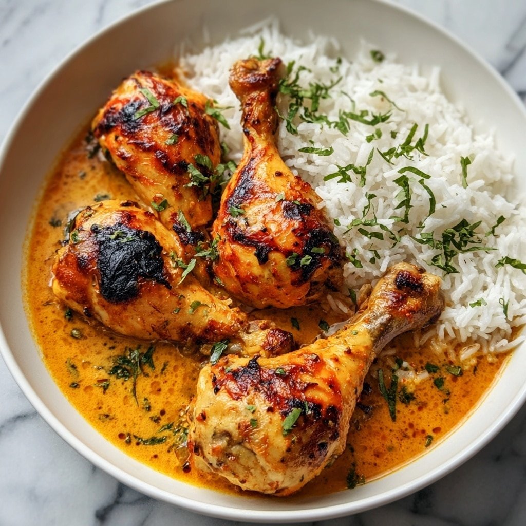 The image shows a round bowl filled with three grilled chicken drumsticks covered in a thick orange sauce with a smooth texture. The drumsticks sit partly in the sauce, with some charred spots visible on the chicken skin, showing a mix of golden brown and black colors. To the right side of the bowl, there is a pile of white rice sprinkled with small green herb pieces. The orange sauce also has scattered green herbs on top, adding freshness. The bowl is on a white marbled surface, and the overall look is warm and inviting. Photo taken with an iphone --ar 1:1 --v 7 — Creamy Paprika Chicken and Rice, paprika chicken recipe, comforting chicken and rice dish, easy creamy paprika chicken, flavorful chicken and rice