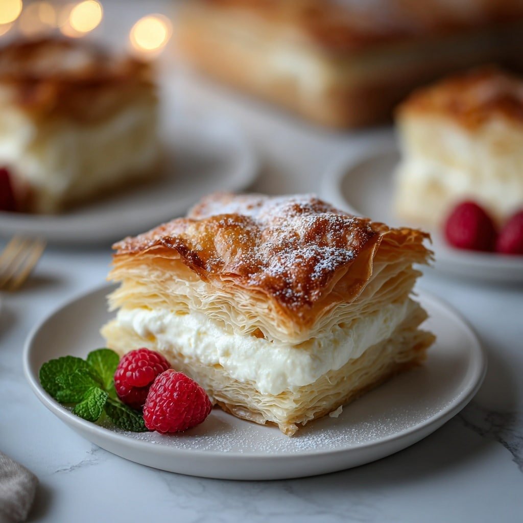 A square piece of layered pastry dessert is placed on a white plate on a white marbled surface. The dessert has four layers: the top layer is golden brown and crispy with a textured, flaky appearance and a dusting of powdered sugar. Below it are two pale, thin, flaky pastry layers with visible folds. Between these layers is a thick, creamy white filling that looks smooth and soft. On the plate beside the dessert are two fresh red raspberries and a small green mint leaf, adding a pop of color. In the background, more pieces of the dessert are partly visible on white plates, slightly out of focus. The setting features soft natural light, creating a warm and inviting atmosphere, photo taken with an iphone --ar 1:1 --v 7 — Cinnamon Cream Cheese Crescent Roll Casserole, breakfast casserole with cinnamon and cream cheese, easy brunch casserole, baked cinnamon crescent bake, comforting breakfast dish