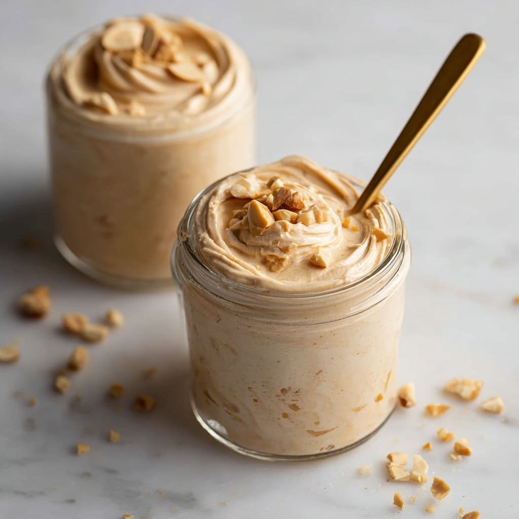 Two small glass jars filled with swirled creamy peanut butter frosting, light brown in color with smooth, soft texture. Each jar is topped with a generous layer of chopped peanuts, creamy frosting visible underneath with swirled pattern. The jars sit on a white marbled surface with scattered peanut pieces around. A brass-colored spoon is placed near one jar. Photo taken with an iphone --ar 1:1 --v 7 — Quick Peanut Butter Mousse, decadent peanut butter dessert, easy mousse recipe, no-bake peanut butter treat, quick dessert ideas