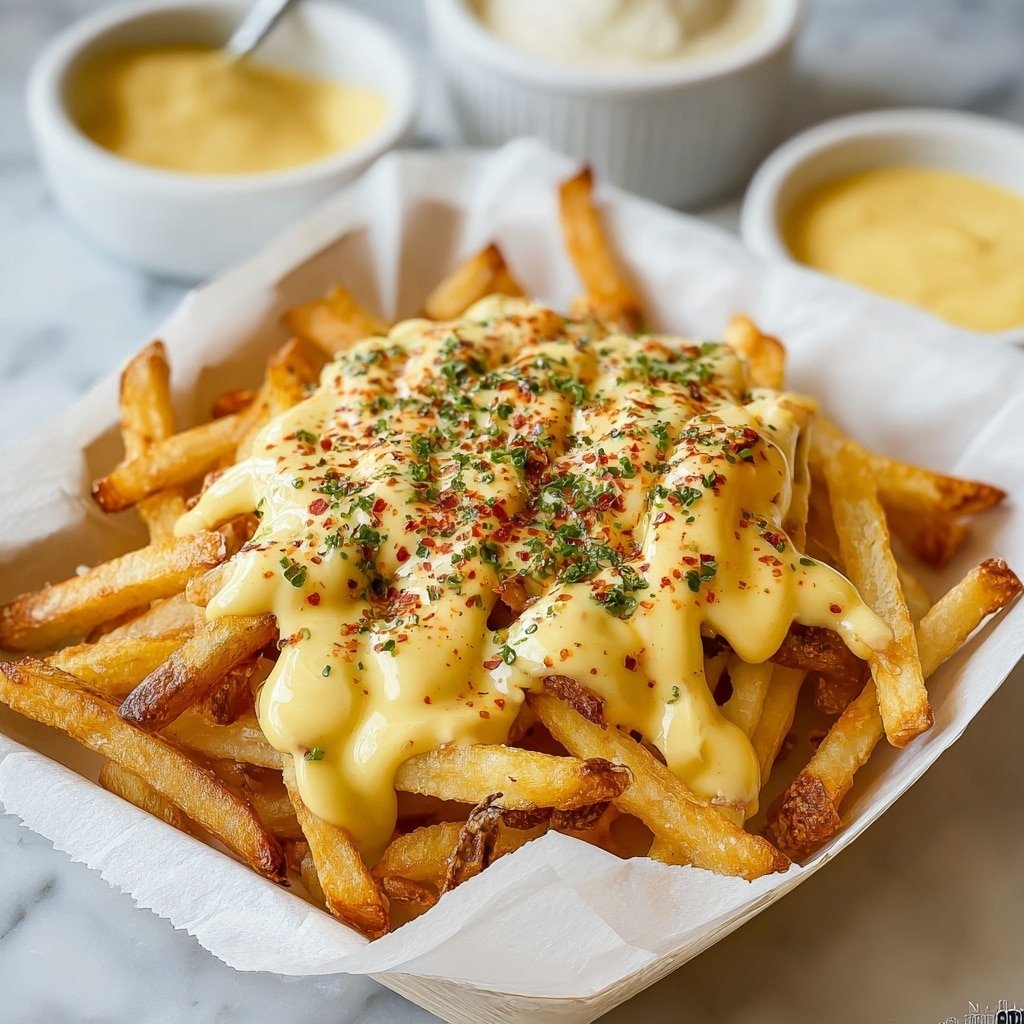 A white paper-lined white tray holds a generous serving of golden brown fries that have a crispy texture. The fries are topped with a creamy, pale yellow cheese sauce that is slightly melted and smooth. Bright green chopped herbs are sprinkled on top, along with a reddish-orange seasoning that adds a pop of color. The tray is set on a white marbled surface, and in the background, there are two small white bowls with sauces. The photo taken with an iphone --ar 1:1 --v 7 — Louisiana Voodoo Fries, Voodoo Fries Copycat, spicy cheese fries recipe, game day snack ideas, Cajun-inspired fries