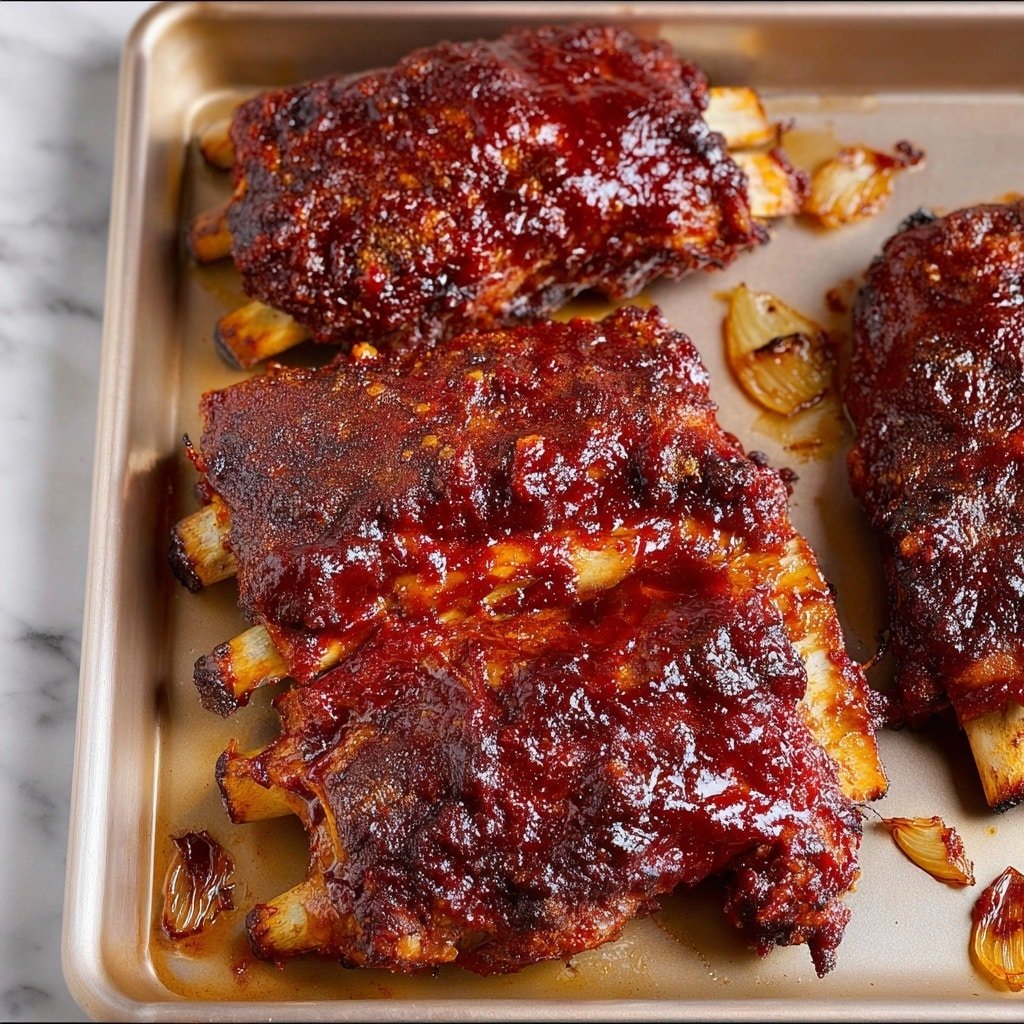The image shows three pieces of ribs on a light-colored metal baking tray. Each rib piece is thickly covered with a shiny, dark red sauce that looks sticky and rich. The ribs have a textured surface with some darker charred spots and small bits of caramelized sauce at the edges. The bones peek out slightly from the sauced meat, emphasizing the thick, meaty layers underneath. Scattered around the ribs are small cooked onion pieces that are golden brown and slightly crispy at the edges. The whole scene is set on a white marbled texture. photo taken with an iphone --ar 1:1 --v 7 — Slow Cooker BBQ Baby Back Ribs, easy rib recipes, tender pork ribs, smoky barbecue ribs, slow cooker dinner ideas