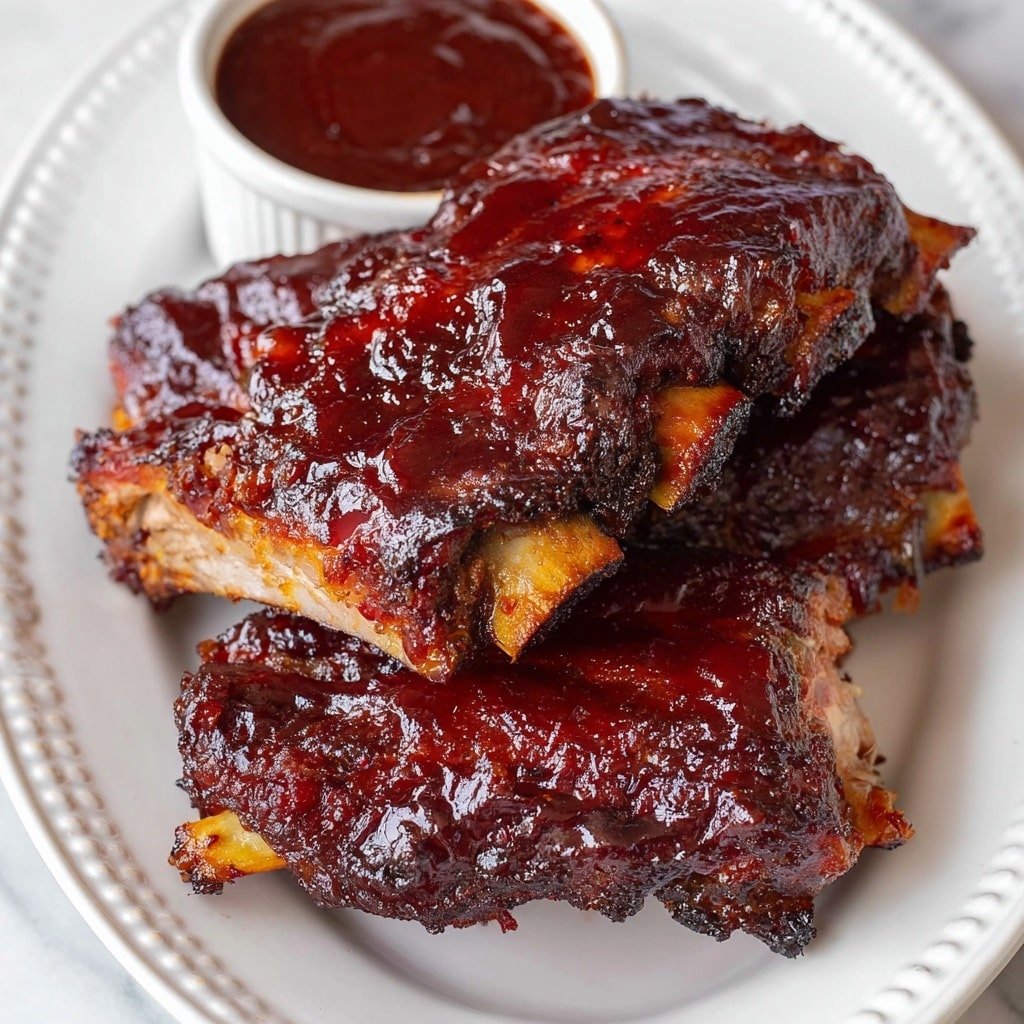 A white plate with three pieces of ribs covered in a thick, shiny dark red barbecue sauce, showing some browned and slightly charred edges with visible bone ends. Next to the ribs is a small white cup filled with extra barbecue sauce. In the background to the left, another white plate holds three potato skins topped with melted cheddar cheese, small bacon pieces, dollops of white sour cream, and chopped green onions. A black and white striped cloth is placed on a white marbled surface behind the plates. Photo taken with an iphone --ar 1:1 --v 7 — Slow Cooker BBQ Baby Back Ribs, easy rib recipes, tender pork ribs, smoky barbecue ribs, slow cooker dinner ideas