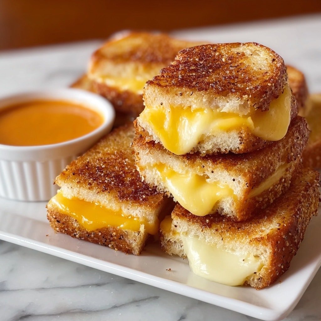 The image shows a white plate filled with small toasted sandwich squares stacked in two layers. Each sandwich has two layers of golden brown bread toasted to a crispy texture, with melted yellow and white cheese oozing from between the layers. The sandwiches have a slightly seasoned top with small green and black specks. To the right side of the plate, there is a small white round container filled with an orange dipping sauce. The plate sits on a wooden board atop a white marbled surface. Photo taken with an iphone --ar 1:1 --v 7 — Mini Grilled Cheese Hawaiian Rolls, Hawaiian Rolls appetizer recipes, easy cheesy snacks, stuffed Hawaiian rolls, cheesy bread bites