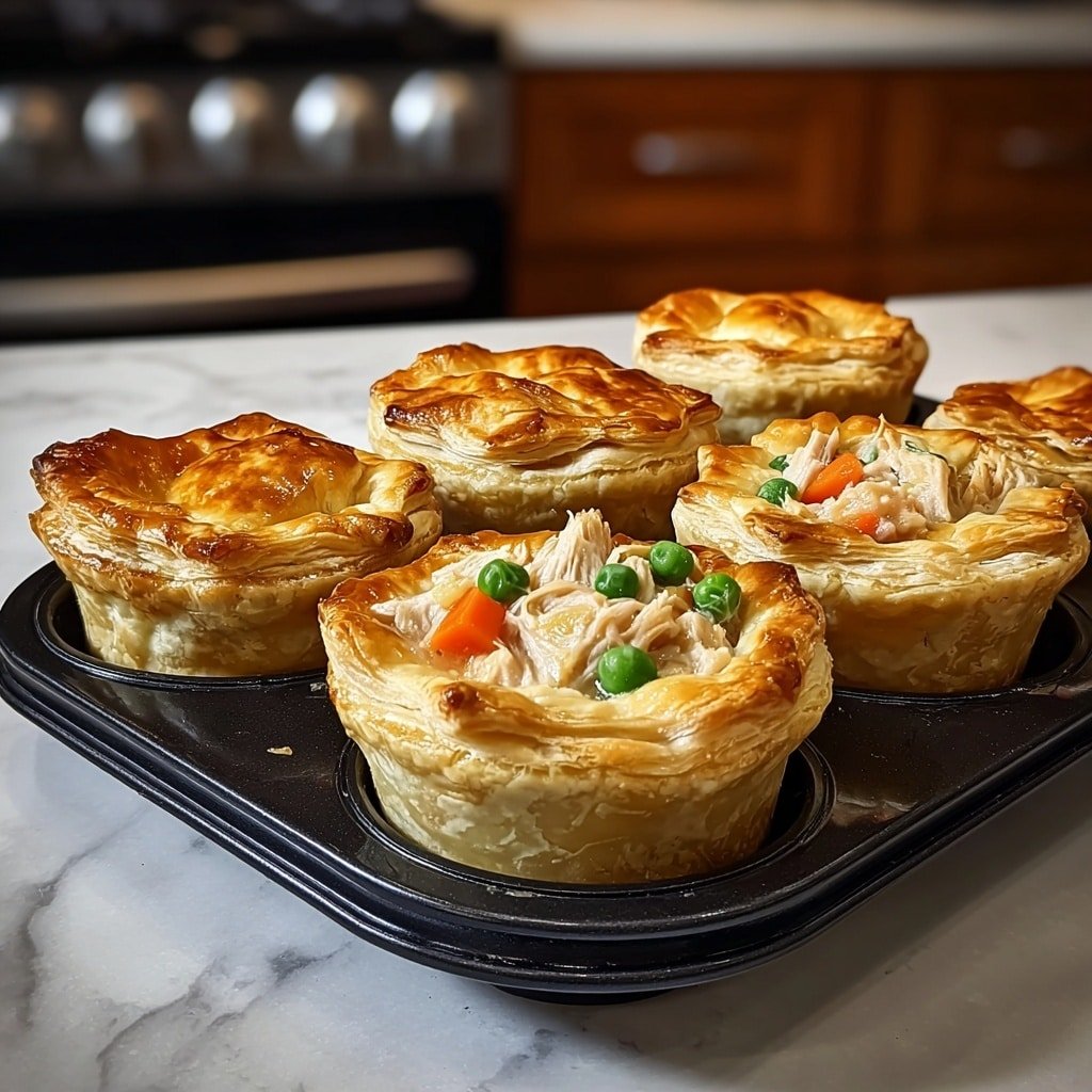 The image shows seven small round puff pastry cups arranged closely on a black tray. Each cup has a golden-brown, flaky, and crispy crust with visible layers that form a hollow center filled with a mix of colorful cooked vegetables, including bright green peas, orange carrot cubes, and light beige chicken pieces. The tops of the pastries are shiny, suggesting a light glaze. The background is a white marbled texture. photo taken with an iphone --ar 1:1 --v 7 — Easy Mini Chicken Pot Pies, mini chicken pot pie recipe, homemade chicken pot pie, individual chicken pot pie, quick comfort food