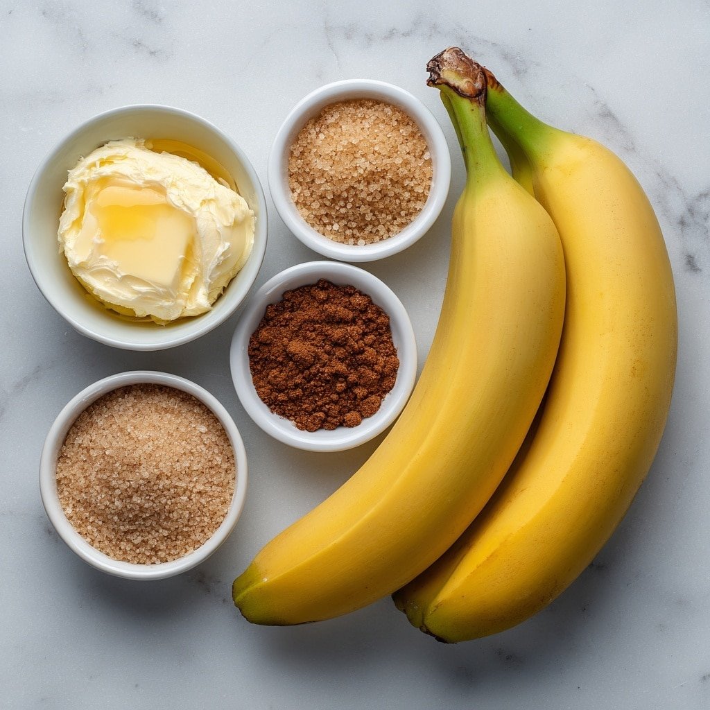 Flat lay of two whole ripe yellow bananas, a small white ceramic bowl with golden melted butter, a small white ceramic bowl with light brown granulated brown sugar, a small white ceramic bowl with reddish-brown cinnamon powder, a small white ceramic bowl with fine light brown nutmeg powder, all arranged symmetrically and balanced, placed on a clean white marble surface, soft natural light, photo taken with an iPhone, professional food photography style, fresh ingredients, white ceramic bowls, no bottles, no duplicates, no utensils, no packaging --ar 1:1 --v 7 --p m7354639359234015250 — Air Fryer Bananas with Cinnamon and Nutmeg, healthy banana dessert, easy air fryer fruit recipe, quick banana snack, cinnamon and nutmeg banana dish