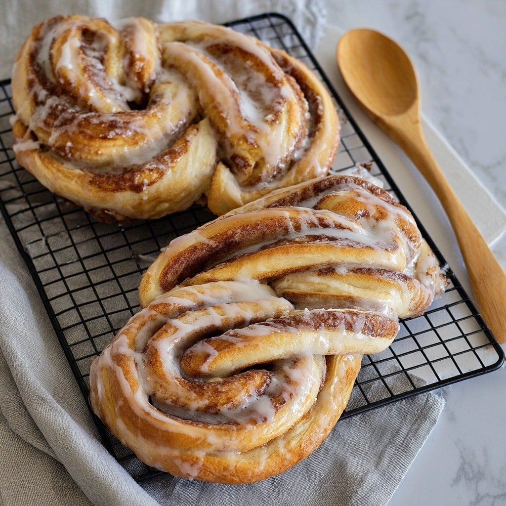 Two twisted cinnamon breads are cooling on a black wire rack over a white marbled surface. Each bread has many layers of light golden dough intertwined with dark brown cinnamon sugar filling. The dough layers are soft and thick, with the cinnamon filling spread unevenly, creating textured stripes of brown and cream colors all along the twisted shape. The breads show a mix of smooth dough and grainy spice on the surface, with some parts slightly puffed and others tucked in tightly, giving a braided look. Photo taken with an iphone --ar 1:1 --v 7 — Cinnamon Twist Bread, cinnamon swirl bread, homemade cinnamon bread, easy cinnamon bread recipe, comfort baking ideas