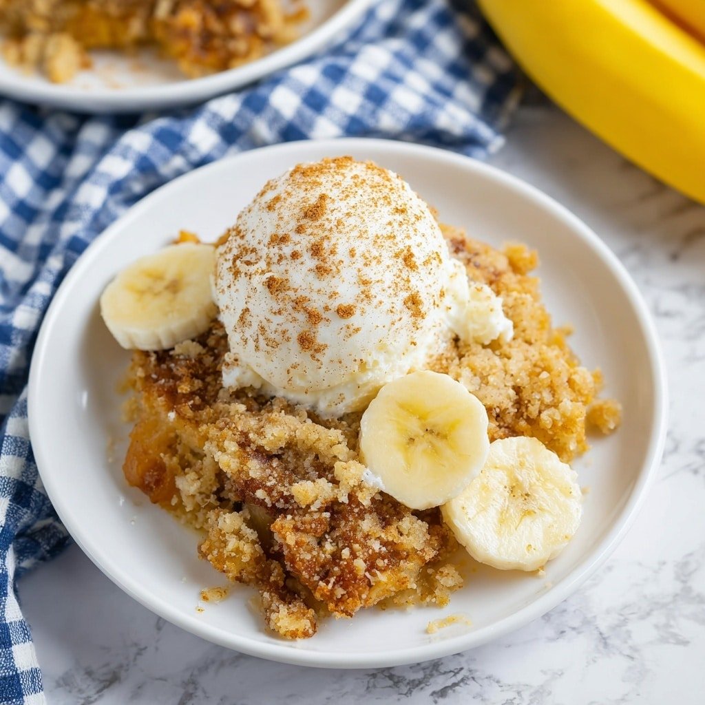 A white plate holds a warm dessert made of golden brown crumbly topping with chunks of cooked banana mixed in; on top is a single scoop of vanilla ice cream sprinkled lightly with cinnamon, and around the dessert are several thin banana slices. The dessert looks soft and crunchy with a creamy, smooth ice cream layer above. The background features a blurred bunch of bananas and some out-of-focus crumbs on a white marbled surface. Photo taken with an iphone --ar 1:1 --v 7 — Banana Bread Cobbler with Butterscotch Chips, Banana bread dessert, Easy banana cobbler recipe, Rustic fruit cobbler, Comforting banana dessert