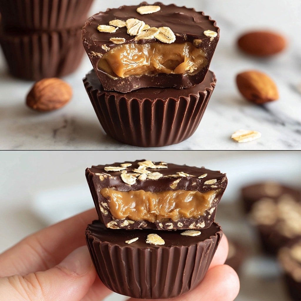 Nine small cup-shaped desserts sit on a round wooden board over a white marbled surface. Each cup has a smooth, light brown base layer shaped like a tart shell. Inside, a creamy, slightly lumpy filling of peanut butter color fills the cups. On top, there are scattered light brown oat flakes, small tan peanut pieces, and dark brown chocolate chips, adding texture and color contrast. Some oat flakes and small peanut pieces are also scattered on the wooden board around the cups. The background is softly blurred, showing a glass jar with more peanut butter on the left side. Photo taken with an iphone --ar 1:1 --v 7 — No-Bake Peanut Butter Oat Cups, easy healthy snack, no-bake oat treats, peanut butter snacks, comforting oatmeal cups