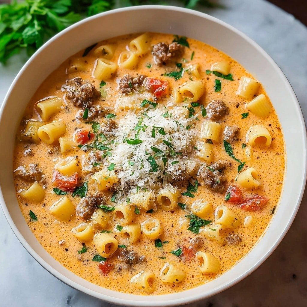 A white bowl filled with a creamy orange soup showing three main layers: small tubular yellow pasta floating throughout, browned small sausage pieces scattered evenly, and chunky bits of red tomato mixed in the creamy broth. On top, there is a mound of grated white cheese sprinkled with finely chopped green herbs, with tiny black specks of pepper spread lightly. The bowl is set on a white marbled surface with some green leaves blurred in the background. photo taken with an iphone --ar 1:1 --v 7 — Creamy Italian Sausage Ditalini Soup, Italian sausage pasta soup, hearty sausage and pasta soup, comforting creamy Italian soup, easy weeknight Italian soup