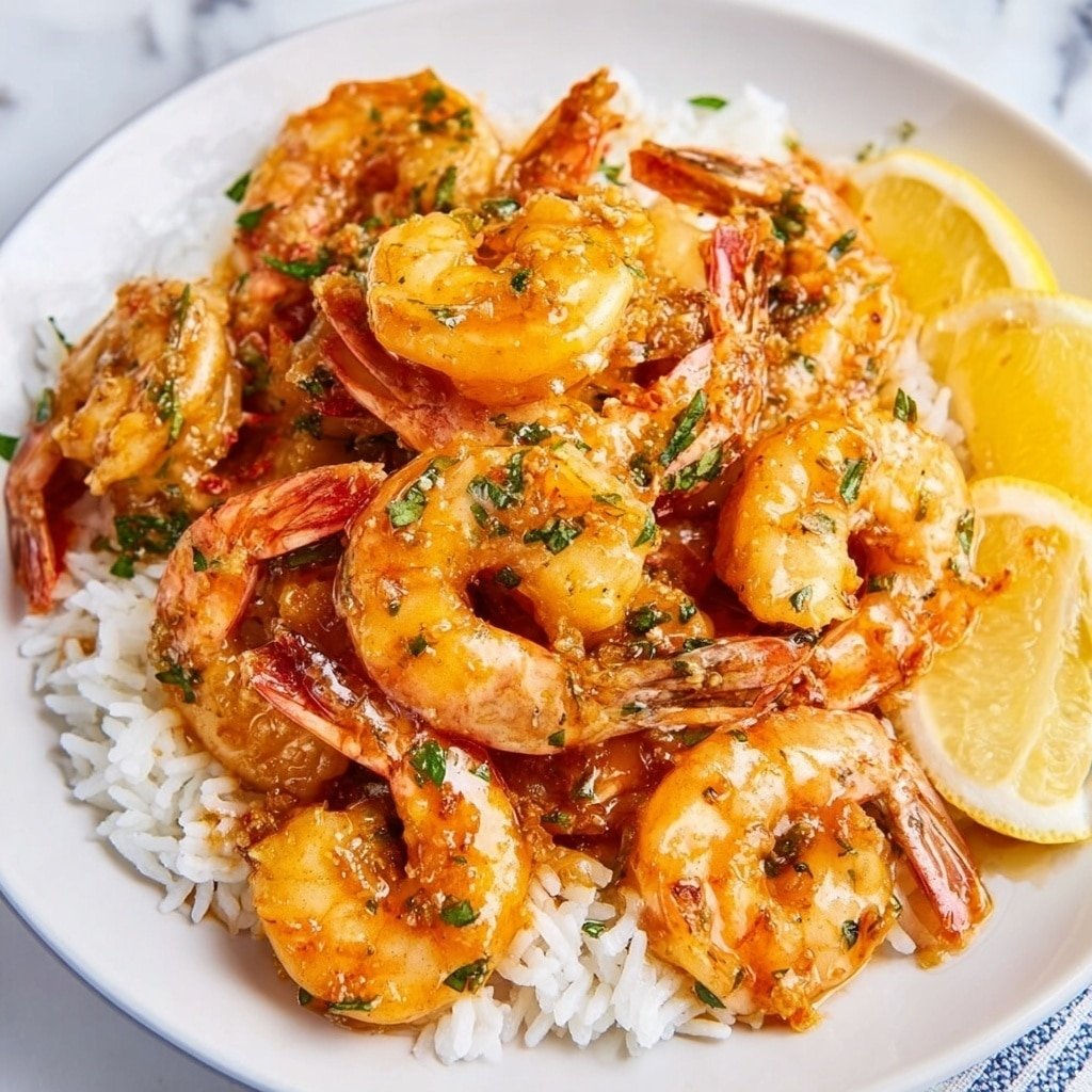 A white round plate filled with a base layer of fluffy white rice, topped with a generous second layer of bright orange cooked shrimp coated with small green herb bits, likely parsley. The shrimp are piled high, showing some orange-red tails curled upward. Around the edge of the plate are three bright yellow lemon wedges with their white pith clearly visible. The plate is placed on a white marbled surface with some green parsley leaves blurred in the background. Photo taken with an iphone --ar 1:1 --v 7 — Air Fryer Garlic Butter Shrimp, garlic butter shrimp, quick shrimp recipes, easy seafood dinner, healthy shrimp ideas