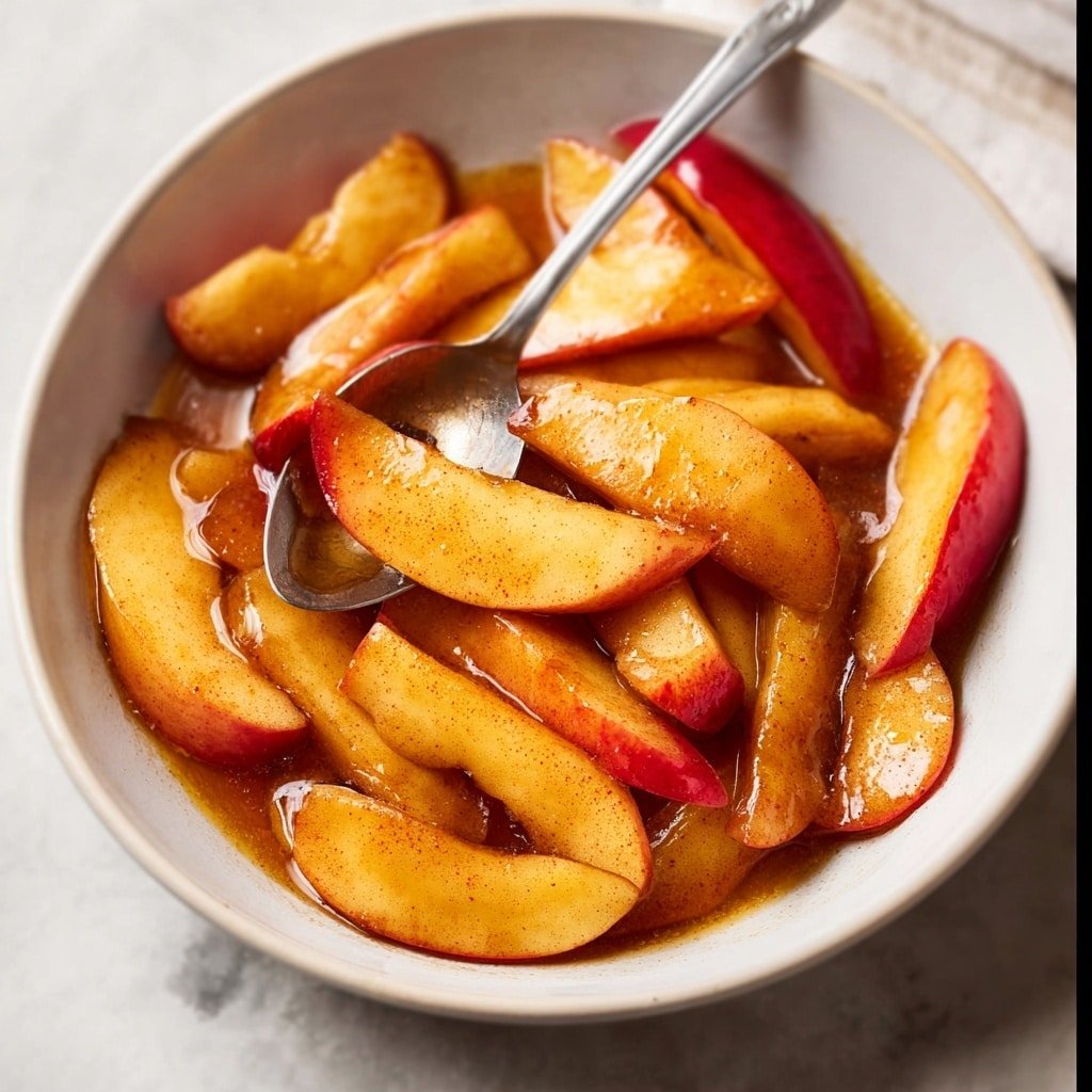 A white bowl filled with many soft apple slices that are cooked and shiny with a warm brown sauce covering them all. The apple slices have a mix of red edges and yellow inside, layered naturally inside the bowl. A silver spoon rests inside the bowl, catching some sauce on its surface. The bowl sits on a white marbled surface with soft natural light showing slight shadows and highlights. Photo taken with an iphone --ar 1:1 --v 7 — Air Fryer Cinnamon Apples, Easy Air Fryer Apple Dessert, Fall Apple Recipes, Quick Healthy Apple Snack, Warm Cinnamon Apples