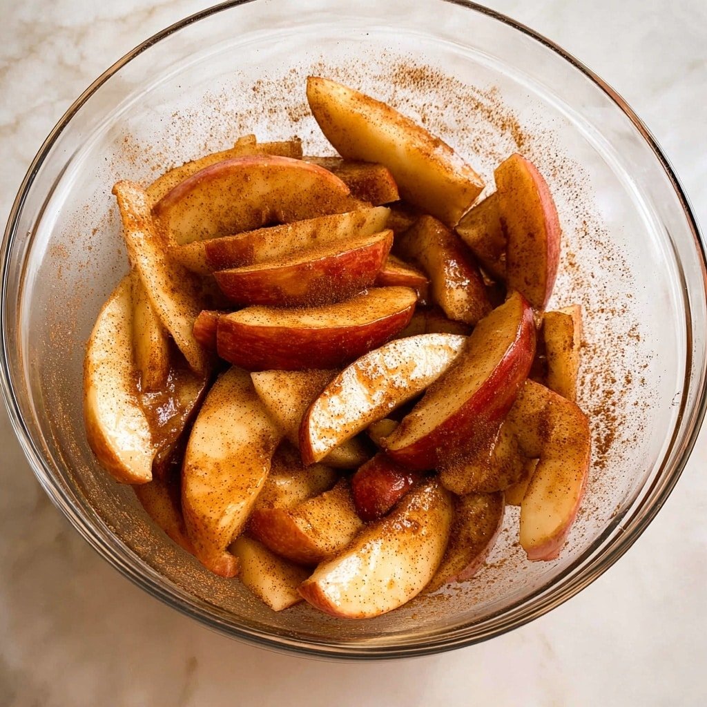 A white shallow bowl filled with many soft apple slices that are cooked and covered in a shiny brown cinnamon sauce, with the apple skins showing a red edge. A silver spoon stands in the bowl on the right side. Around the bowl, there are cinnamon sticks, light tan apple halves, and a striped cloth partially visible on the white marbled surface. photo taken with an iphone --ar 1:1 --v 7 — Air Fryer Cinnamon Apples, Easy Air Fryer Apple Dessert, Fall Apple Recipes, Quick Healthy Apple Snack, Warm Cinnamon Apples
