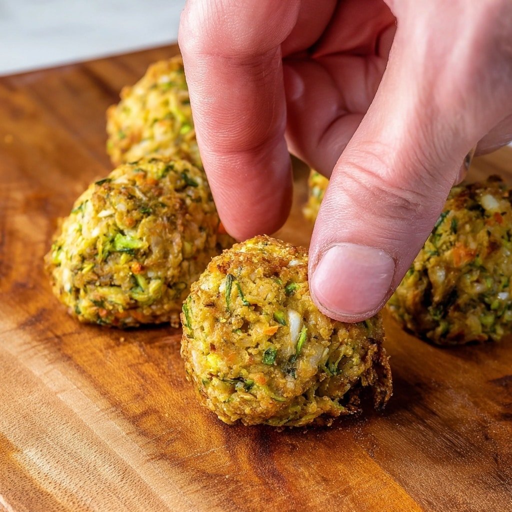 The image shows a close-up of four small, round savory snacks with a rough texture on a wooden board, mostly green and golden brown in color, with visible bits of green herbs and shredded vegetables mixed into a crumbly dough. A man's hand is gently picking up one of the snacks, highlighting its uneven, bumpy surface and tight, compact form. The wooden board beneath has a warm tone with natural grain visible. The background is not clearly visible but assumed plain. photo taken with an iphone --ar 1:1 --v 7 — Garlic Zucchini Bites, zucchini appetizer, crispy zucchini snacks, easy zucchini party food, baked zucchini bites