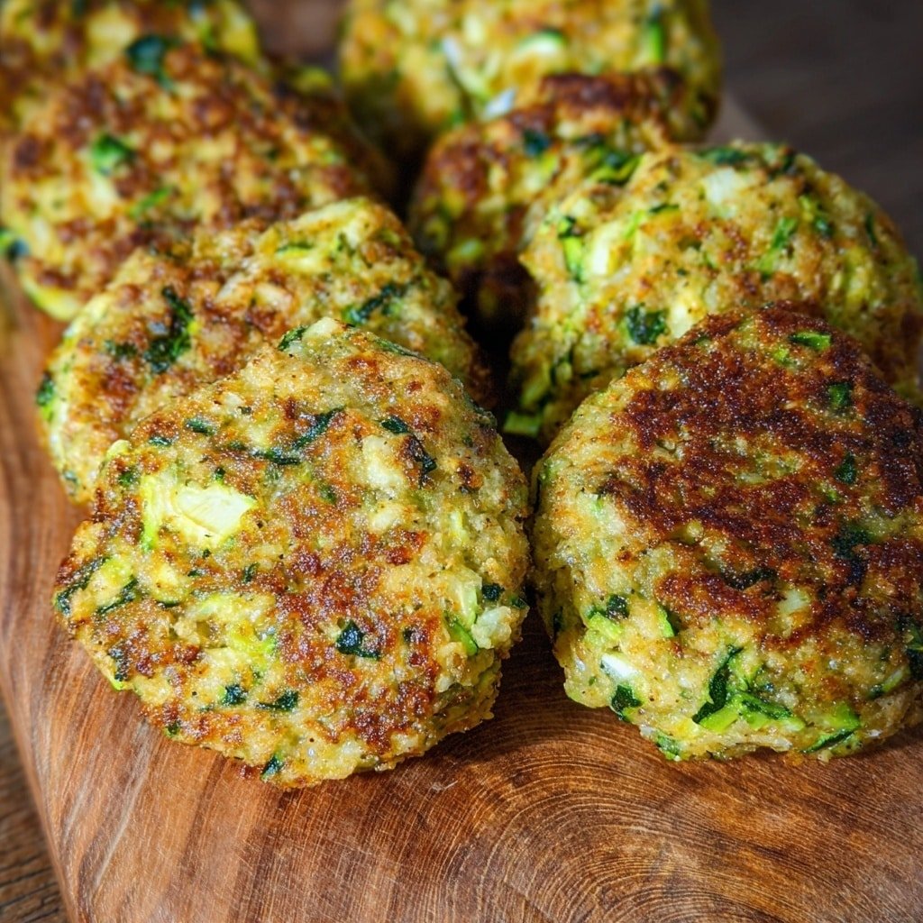 The image shows several small dome-shaped vegetable fritters placed closely together on a wooden surface. Each fritter has a rough texture with visible bits of green zucchini strips, finely chopped herbs, and light golden brown crust on the edges. The body of the fritters is pale yellow-green and looks soft but firm, with scattered tiny air pockets and flecks of seasoning. The background is blurred but shows parts of white bowls, and the overall setting is bright with natural light. photo taken with an iphone --ar 1:1 --v 7 — Garlic Zucchini Bites, zucchini appetizer, crispy zucchini snacks, easy zucchini party food, baked zucchini bites