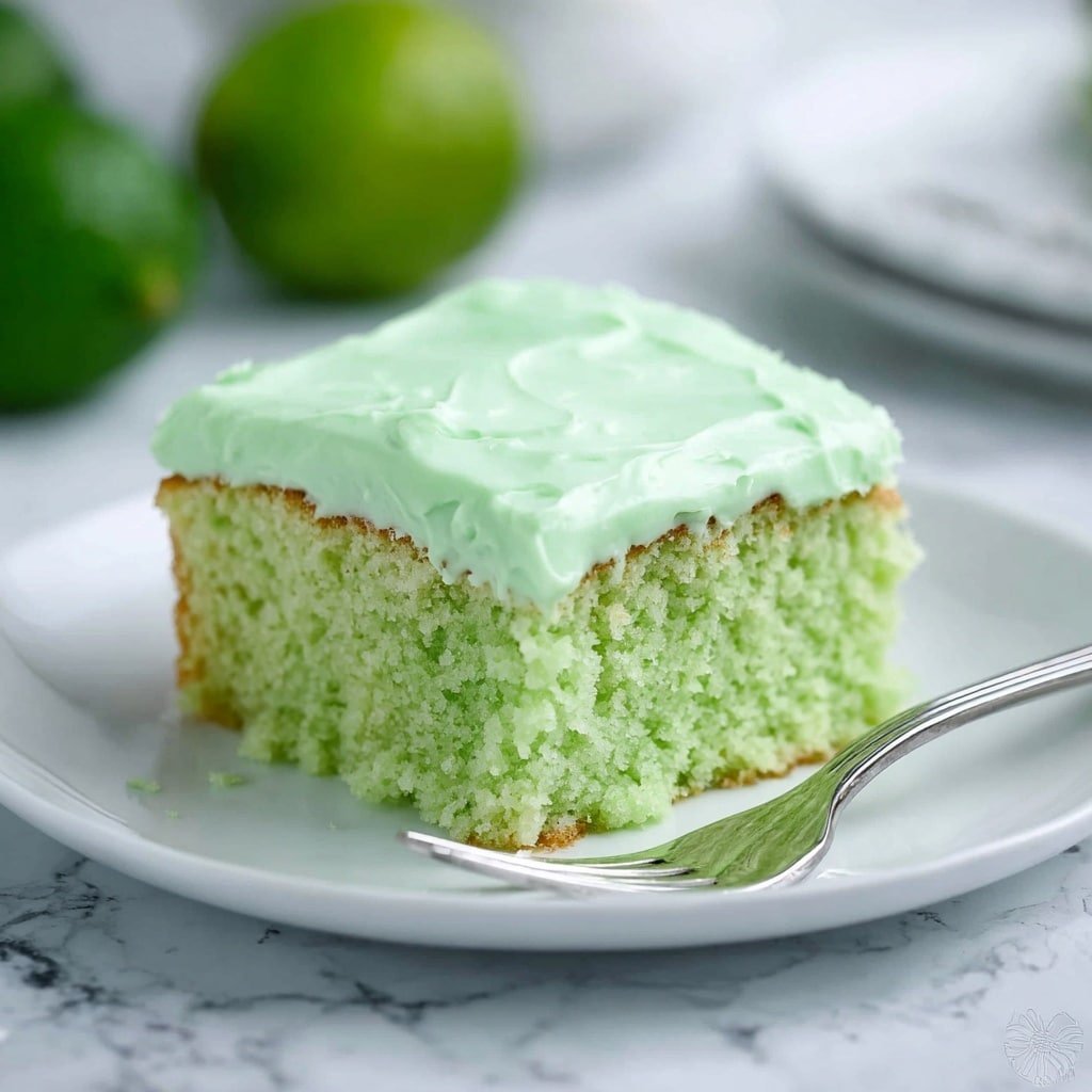 The image shows a square piece of light green cake with a soft and moist texture, sitting on a white plate. The cake has two visible layers: the bottom cake layer is sponge-like and green, and the top layer is a thick, smooth light green frosting spread evenly. The cake piece is accompanied by a silver fork placed at the front edge of the plate. In the background, there is a blurred green lime and a white marbled surface that adds a clean, fresh look to the scene. Photo taken with an iphone --ar 1:1 --v 7 — Lime Cake with Tangy Lemon Frosting, citrus cake recipes, lime cake dessert, lemon frosting recipes, easy citrus cake