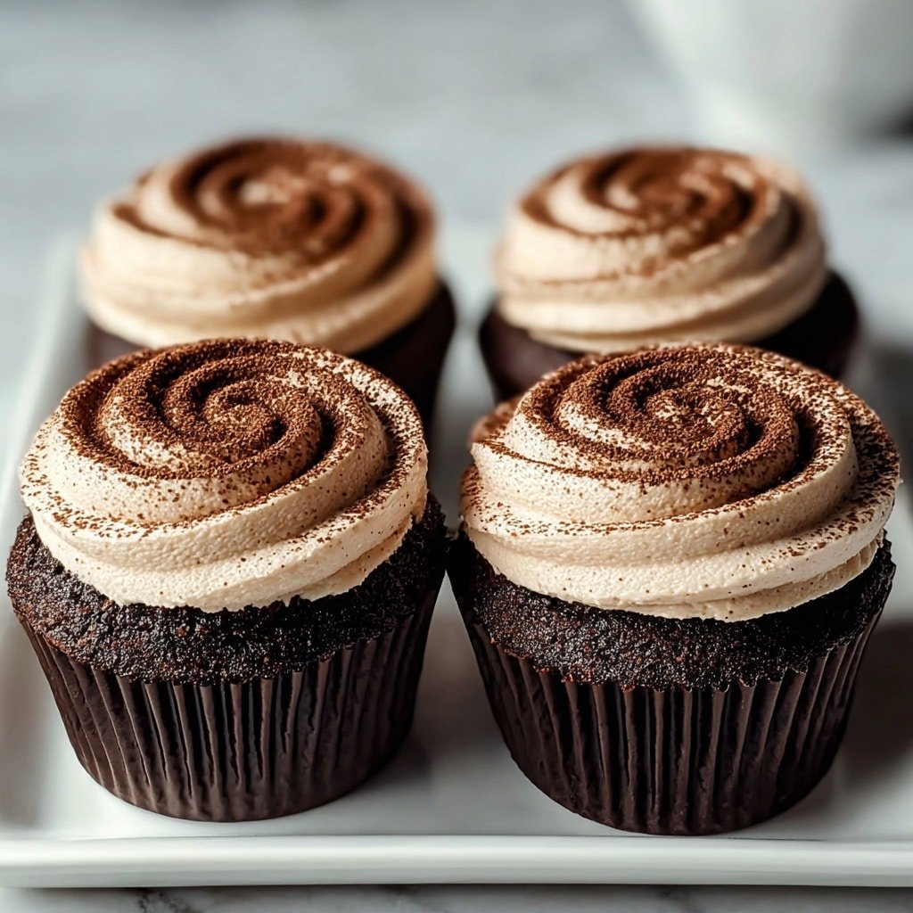 Three chocolate cupcakes sit on a white plate with rounded edges over a white marbled surface. Each cupcake has a dark chocolate base with a slightly rough texture in white paper liners. On top, there is a thick ring of light beige cream frosting, swirled smoothly and evenly. Inside the frosting ring, there is a smooth, shiny dark chocolate cup filled with a fine dusting of cocoa powder, giving a soft textured look in the center. The arrangement is close and neat, showing the rich contrast between dark chocolate, light cream, and the white plate. photo taken with an iphone --ar 1:1 --v 7 — Decadent Chocolate Tiramisu Cupcakes, Chocolate Tiramisu Cupcakes, Easy Chocolate Cupcakes, Coffee-flavored Cupcake Recipe, Fancy dessert for gatherings
