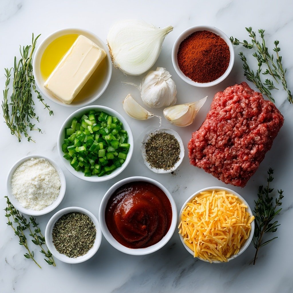 Flat lay of a small pat of butter, a small white bowl of olive oil, a small white bowl with finely diced shallots and onion mix, a small white bowl with finely diced green bell peppers, three peeled garlic cloves, a small white bowl of deep red tomato purée, a small pile of reddish-brown Cajun seasoning powder, a small white bowl of dried parsley flakes, a small white bowl of celery salt, a small white bowl of garlic & herb seasoning powder, a small white bowl of salt, a portion of raw lean ground beef, a small mound of uncooked orzo pasta, a small white bowl of rich beef broth, a small pile of grated cheddar cheese, a few slices of fresh red jalapeño, and a few sprigs of fresh thyme, all arranged symmetrically on a clean white marble surface, soft natural light, photo taken with an iPhone, professional food photography style, fresh ingredients, white ceramic bowls, no bottles, no duplicates, no utensils, no packaging --ar 1:1 --v 7 --p m7354639359234015250 — Cajun Ground Beef Orzo, Cajun Ground Beef Recipe, Easy Cajun Pasta, Spicy Beef and Orzo, Comforting Cajun Dinner