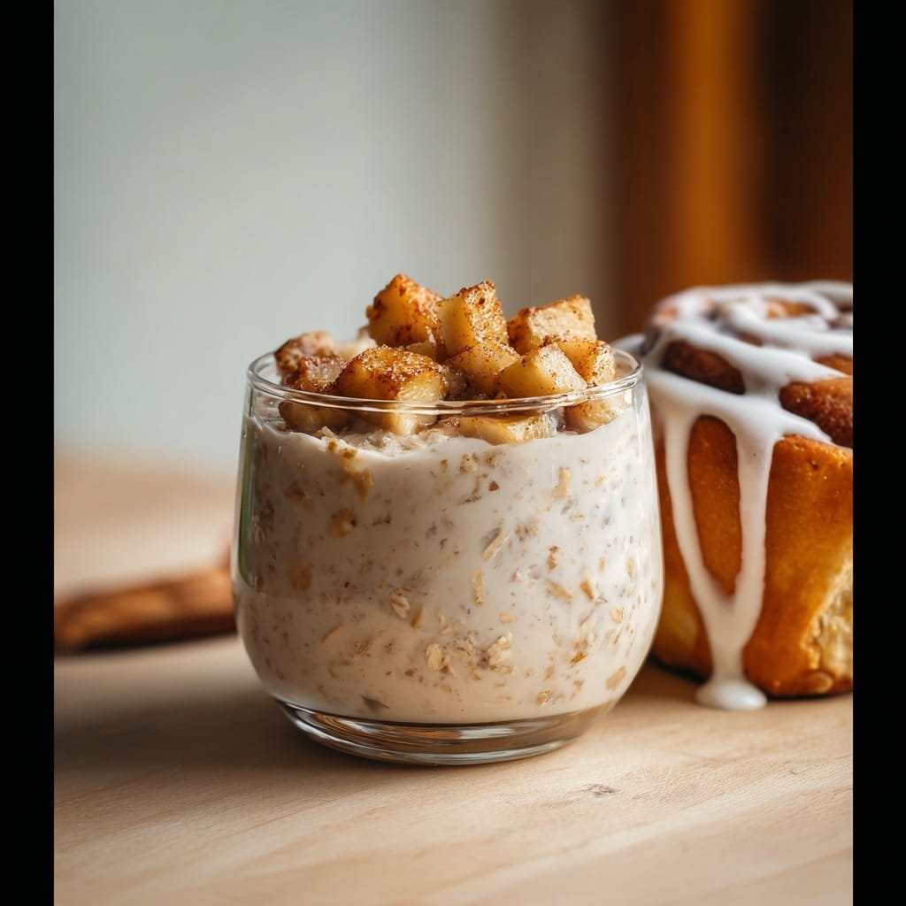 A clear glass filled with three visible layers: the bottom layer is a creamy white pudding with many small black chia seeds mixed throughout; the middle layer is a thick swirl of white cream; the top layer has a light brown sprinkled powder and a generous pile of crumbly light brown granola chunks, with golden honey dripping down the sides of the glass. The glass is placed on a wooden surface. In the background, there is a blurred second glass with the same layers. photo taken with an iphone --ar 1:1 --v 7 — Cinnamon Roll Overnight Oats, healthy overnight oats, easy breakfast ideas, cinnamon breakfast recipes, quick breakfast oats