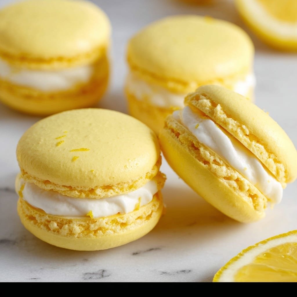 The image shows several yellow macarons arranged closely on a white marbled surface. Each macaron consists of two smooth, round yellow shells with a creamy white filling layer in the middle. Two macarons are open-faced, revealing a thick ring of white cream piped on the bottom shell with a dollop of glossy yellow lemon curd in the center, creating a bright, shiny contrast. The macarons vary slightly in angle, some stacked to show the side view with textured shell edges and others laying flat to show the smooth top. A few lemon wedges are placed around the macarons, adding fresh yellow accents. photo taken with an iphone --ar 1:1 --v 7 — Lemon Macarons, how to make lemon macarons, homemade lemon macarons, lemon macarons recipe step by step, easy lemon macaron filling