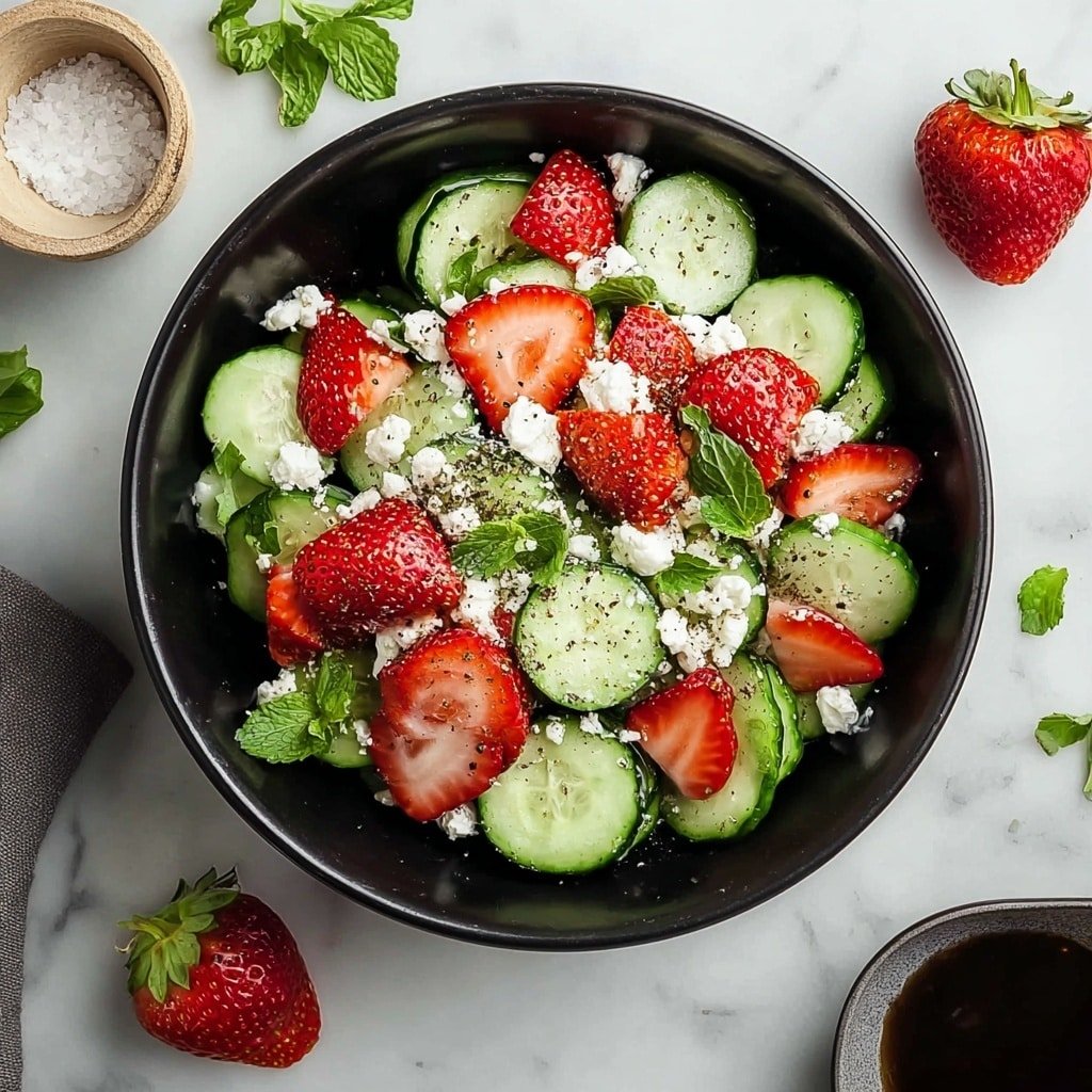 A black bowl filled with a fresh salad on a white marbled surface. The salad has three main layers: at the bottom are green leafy herbs like mint with a coarse texture, in the middle are slices of bright white and purple onion pieces, and on top are thick round slices of light green cucumber and halved red strawberries, some with tiny black seeds visible. The salad is lightly sprinkled with black pepper. Around the bowl, there are loose strawberries, fresh mint leaves, a small black bowl with salt, and a wooden pepper shaker. photo taken with an iphone --ar 1:1 --v 7 — Refreshing Cucumber Strawberry Salad, cucumber strawberry salad, summer fruit salad, healthy fruit salad, easy fruit salad recipe
