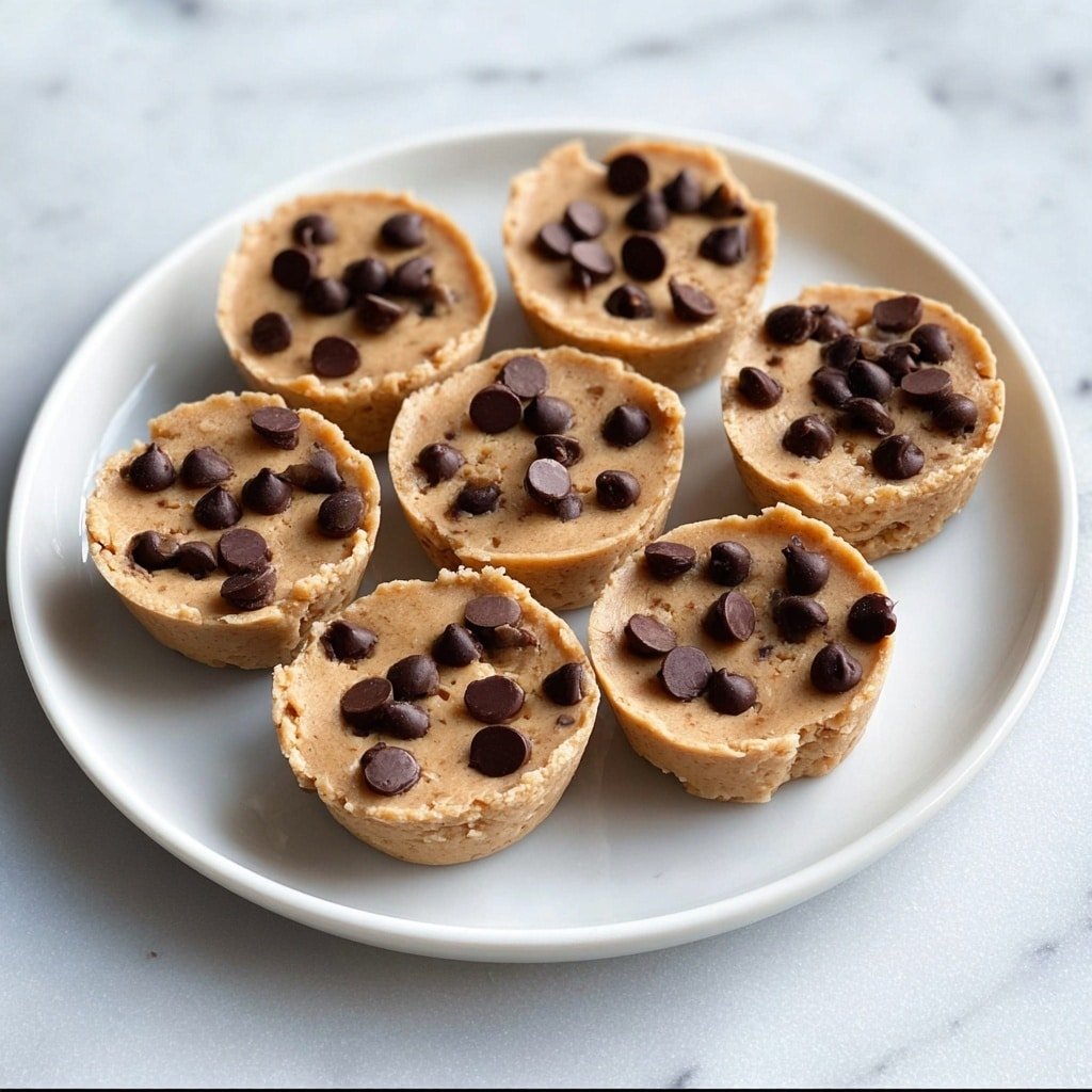 A close-up of a stack of three no-bake double chocolate brownie bars shows light brown, smooth, and creamy textured bars held in white paper liners with ridged sides. The top two bars have visible dark chocolate chips scattered on their surfaces, with some chips slightly melted into the bars. Both the top and middle bars have a bite taken out, revealing a dense but soft inside with embedded dark chocolate chips. The stack sits on a white plate atop a white marbled surface, with other similar bars blurred in the background. Photo taken with an iphone --ar 1:1 --v 7 — Peanut Butter Banana Cookie Dough Fudge Cups, peanut butter banana dessert, no-bake fudge cups, banana and peanut butter treats, easy cookie dough fudge