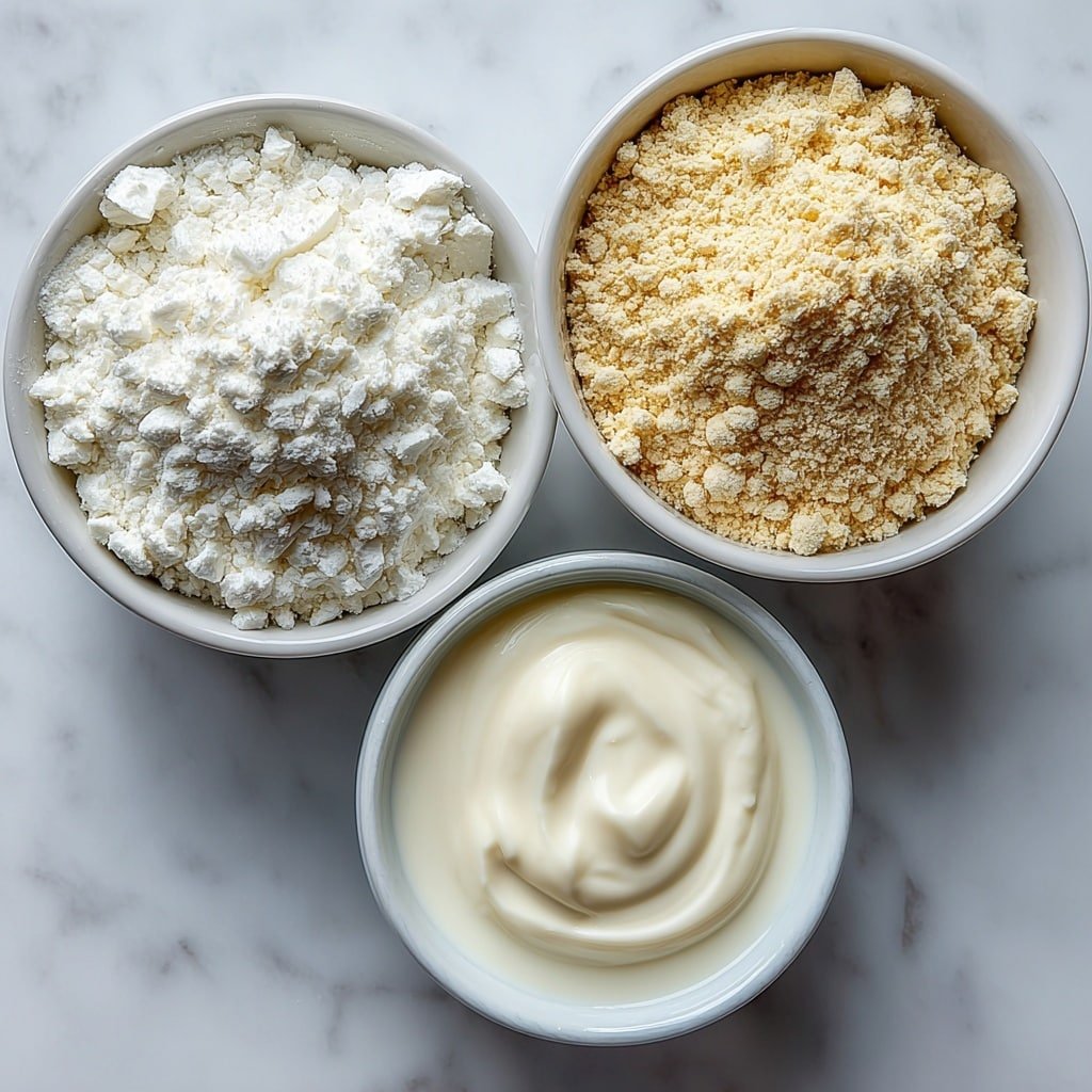 Flat lay of a small white ceramic bowl filled with fine white arrowroot starch, next to a small white ceramic bowl containing pale beige chickpea flour, and a small white ceramic bowl holding creamy unsweetened coconut milk, all arranged with perfect symmetry and balanced proportions, placed on a clean white marble surface, soft natural light, photo taken with an iPhone, professional food photography style, fresh ingredients, white ceramic bowls, no bottles, no duplicates, no utensils, no packaging --ar 1:1 --v 7 --p m7354639359234015250 — Easy Grain Free Coconut Flour Tortillas, gluten free tortillas, healthy coconut flour wraps, homemade grain free tortillas, dairy free tortilla recipe