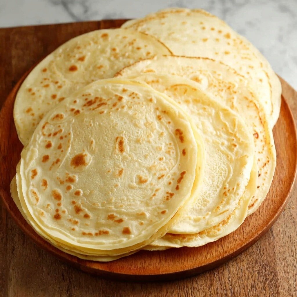 There are eight round, flat, pale golden crepes arranged in an overlapped circle on a wooden board. The crepes have slight brown spots and soft, smooth textures with some visible air bubbles and gentle swirls on the surface. The wooden board beneath them has a warm brown tone and smooth grain. The background is a white marbled texture. photo taken with an iphone --ar 1:1 --v 7 — Easy Grain Free Coconut Flour Tortillas, gluten free tortillas, healthy coconut flour wraps, homemade grain free tortillas, dairy free tortilla recipe