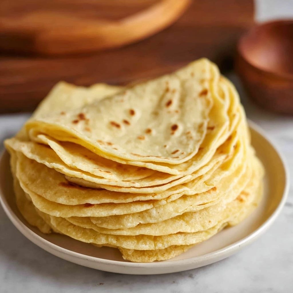 A stack of about eight light yellow flatbreads with soft, slightly uneven edges and faint brown spots is arranged neatly on a white plate. The flatbreads have a soft texture and are folded gently in the middle, layered one on top of the other. The plate sits on a white marbled surface with a warm wooden cutting board blurred in the background. Photo taken with an iphone --ar 1:1 --v 7 — Easy Grain Free Coconut Flour Tortillas, gluten free tortillas, healthy coconut flour wraps, homemade grain free tortillas, dairy free tortilla recipe