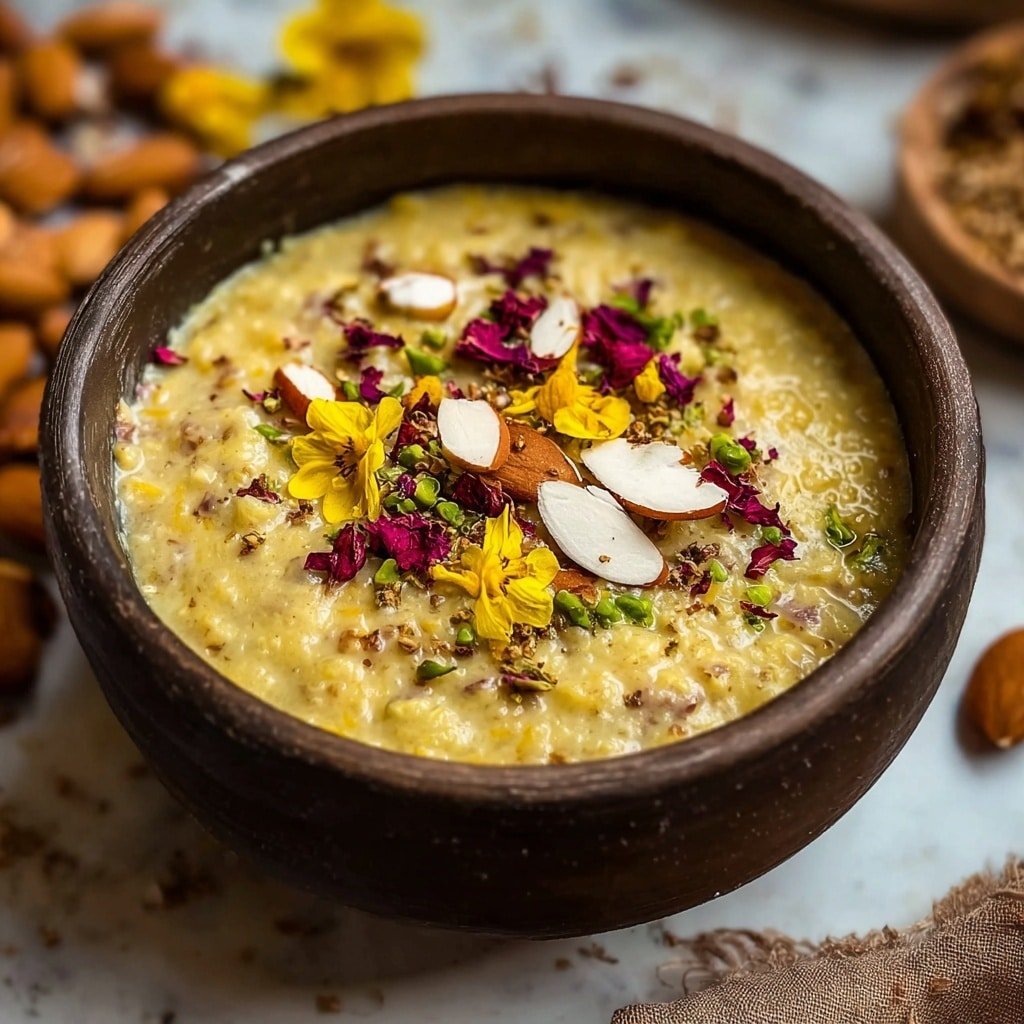 A round dark brown bowl filled with a thick creamy yellow porridge that has small bits of grain visible throughout. On top, there is a colorful mix of sliced almonds, yellow flower petals, green herbs, and small deep red dried flower petals sprinkled evenly over the surface. The bowl sits on a white marbled surface with a soft focus background that includes some brown nuts and a piece of brown fabric on the side. Photo taken with an iphone --ar 1:1 --v 7 — Kulfi-Style Overnight Oats, Indian-inspired overnight oats, fragrant morning oats, easy kulfi-flavored breakfast, quick overnight oats recipe