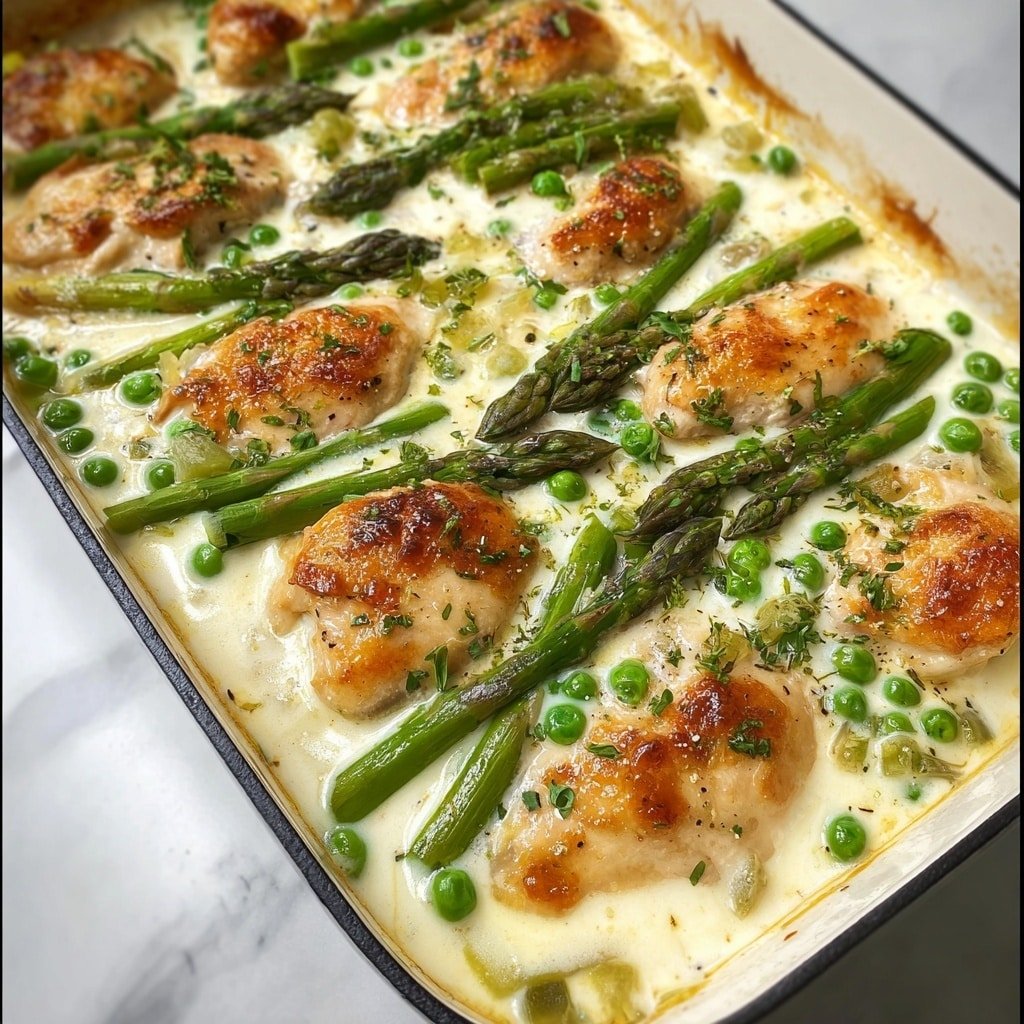 The image shows a rectangular baking dish filled with a creamy white sauce base, topped with golden-brown cooked chicken pieces arranged across the dish. Bright green asparagus stalks and green peas are evenly spread between the chicken, adding color contrast. The sauce appears smooth and slightly thick, with some herbs sprinkled on top. The baking dish is placed on a white marbled surface. Photo taken with an iphone --ar 1:1 --v 7 — Creamy Caesar Chicken and Asparagus, delicious chicken and asparagus dinner, easy creamy chicken recipe, healthy weeknight meal, zesty Caesar chicken
