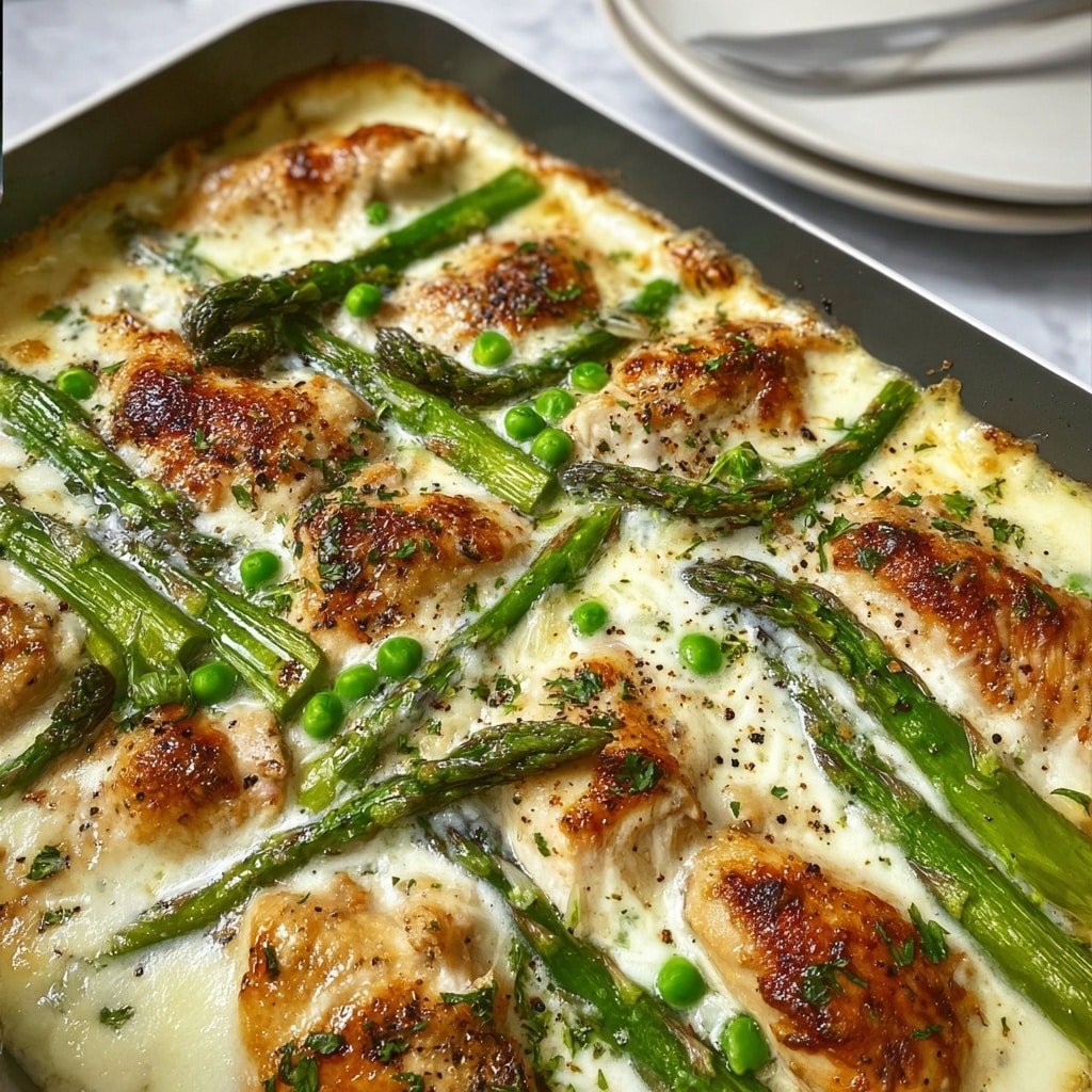 The image shows a baked dish in a rectangular pan filled with a creamy white sauce base, topped with several browned, tender chicken pieces scattered evenly in rows. Bright green asparagus spears and small green peas are layered on top, adding a pop of color and texture contrast. The sauce bubbles gently around the ingredients, and the chicken has golden, slightly crisp edges. Sprinkles of black pepper and chopped herbs lightly cover the surface, enhancing the visual appeal. The pan sits on a white marbled textured surface with a blurred white plate in the background. Photo taken with an iphone --ar 1:1 --v 7 — Creamy Caesar Chicken and Asparagus, delicious chicken and asparagus dinner, easy creamy chicken recipe, healthy weeknight meal, zesty Caesar chicken
