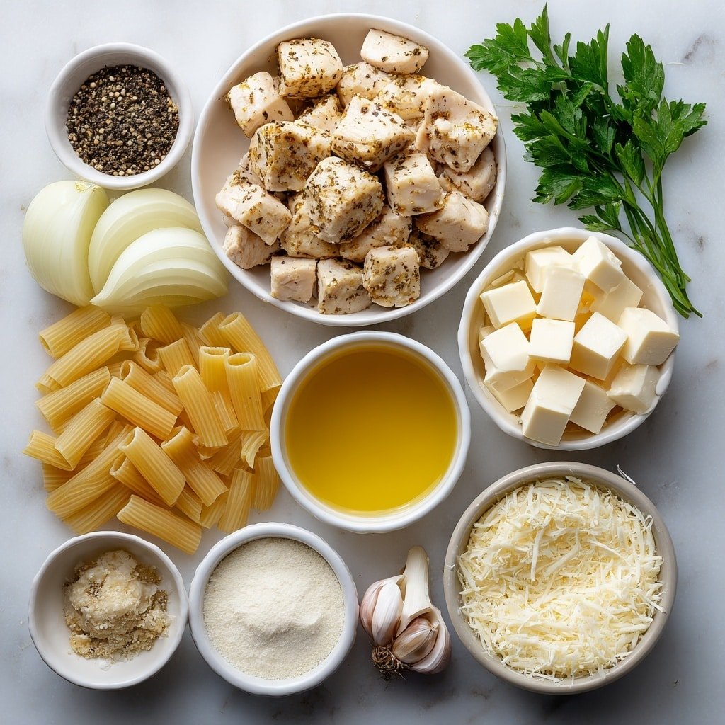 Flat lay of cooked cubed chicken breasts, a small pile of cooked al dente ziti pasta, a small white bowl of golden olive oil, sliced fresh white mushrooms, a halved small yellow onion with thin slices arranged, a peeled garlic clove, a small white bowl with coarse salt, a small white bowl with black peppercorns, a small white bowl filled with dry marsala wine, a few pats of unsalted butter, a small white bowl of all-purpose flour, a small white bowl of light chicken broth, a small mound of freshly grated parmesan cheese, small cubes of fresh mozzarella, and a few sprigs of fresh chopped parsley placed on a clean white marble surface, soft natural light, photo taken with an iPhone, professional food photography style, fresh ingredients, white ceramic bowls, no bottles, no duplicates, no utensils, no packaging --ar 1:1 --v 7 --p m7354639359234015250 — Chicken Marsala Ziti Bake, Chicken Marsala pasta casserole, creamy chicken ziti bake, baked pasta with Marsala wine, cheesy chicken noodle bake