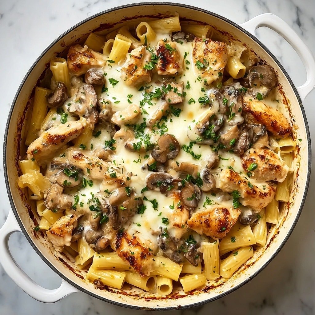The dish is served in a deep white pot placed on a white marbled surface. It has three clear layers: the bottom layer consists of rigatoni pasta in a light yellow color, evenly spread around the pot. The middle layer shows browned pieces of chicken and sautéed mushroom slices with a slightly glossy texture, scattered on top of the pasta. The top layer is melted white cheese with fresh green parsley sprinkled over it, adding a pop of color to the creamy mixture. The edges of the pot have browned marks, showing the dish was cooked in it. photo taken with an iphone --ar 1:1 --v 7 — Chicken Marsala Ziti Bake, Chicken Marsala pasta casserole, creamy chicken ziti bake, baked pasta with Marsala wine, cheesy chicken noodle bake