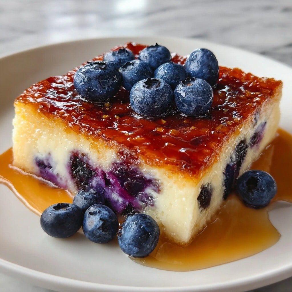 A thick square piece of dessert sits on a white plate with a crispy golden brown top layer that looks caramelized and shiny. Below the top, there is a soft cream-colored layer with visible blueberries mixed inside, showing purple and dark blue colors bleeding slightly into the creamy base. Fresh shiny blueberries are placed neatly on top and around the dessert, adding a pop of deep blue. The plate is on a white marbled surface that makes the colors of the dessert stand out. photo taken with an iphone --ar 1:1 --v 7 — Blueberry Buttermilk Pancake Casserole, blueberry pancake bake, brunch pancake casserole, easy pancake casserole recipe, breakfast casserole with blueberries