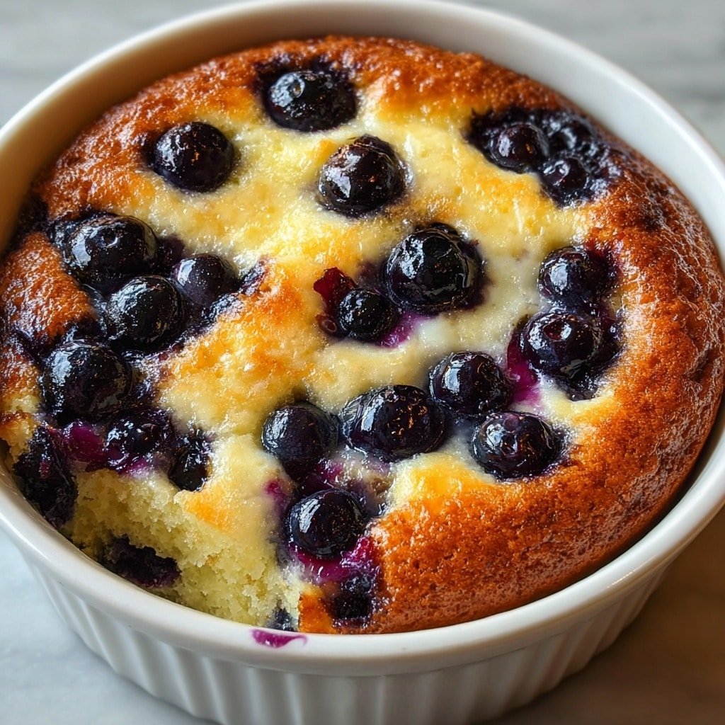 A close-up view of a baked dessert in a white round bowl, showing one main thick layer of golden brown cake with a soft, moist texture. The surface is dotted with dark blue, shiny blueberries that are slightly sunken into the cake and some bursting, creating purple juice stains near them. The background surface is a white marbled texture. Photo taken with an iphone --ar 1:1 --v 7 — Blueberry Buttermilk Pancake Casserole, blueberry pancake bake, brunch pancake casserole, easy pancake casserole recipe, breakfast casserole with blueberries