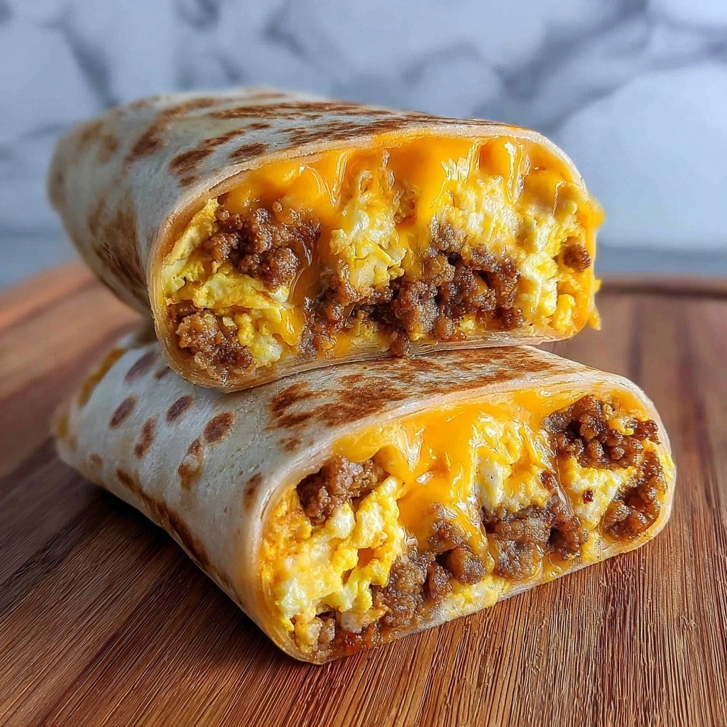 A breakfast burrito is shown cut in half and stacked, with the cut sides facing the camera. The outer layer is a light golden-brown tortilla with slight toasting marks. Inside, there are three main layers: scrambled eggs with a fluffy, soft yellow texture, browned sausage pieces that are crumbly and rich brown, and melted cheddar cheese that is a smooth, bright orange, evenly spread throughout. The burrito halves rest on a wooden board, with a white marbled texture blurred in the background. Photo taken with an iphone --ar 1:1 --v 7 — Freezer Breakfast Burritos, homemade breakfast burritos, make-ahead breakfast recipes, easy breakfast ideas, freezer-friendly breakfast ideas